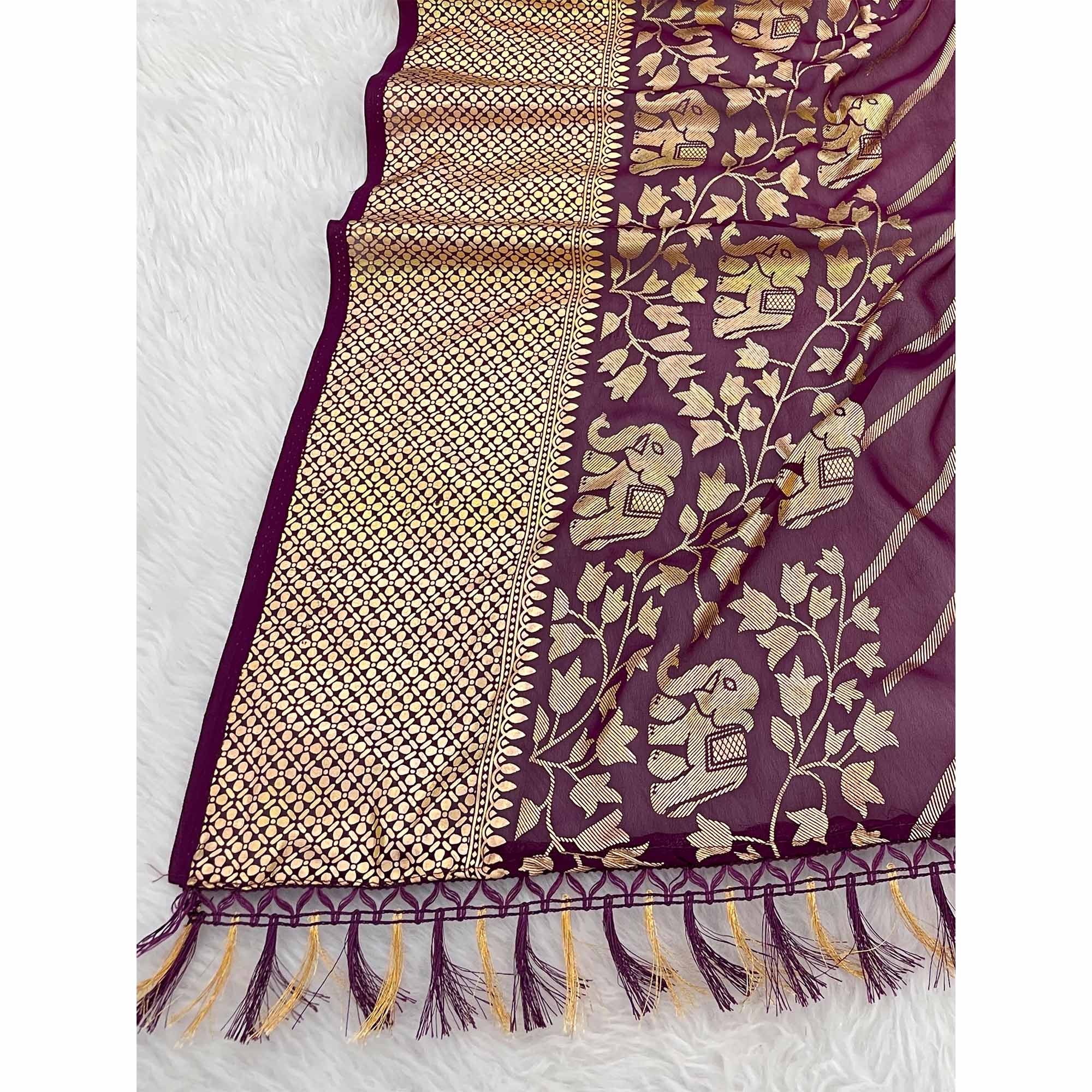 Wine Striped Foil Printed Georgette Saree With Tassels