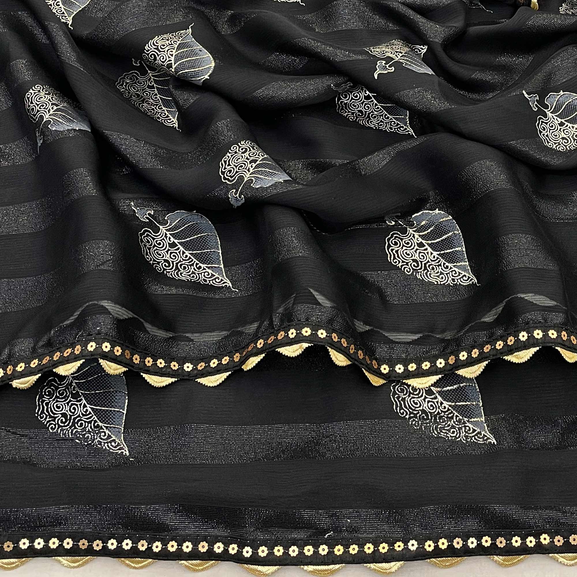 Black Foil Printed Chiffon Saree With Sequins Embroidered Border