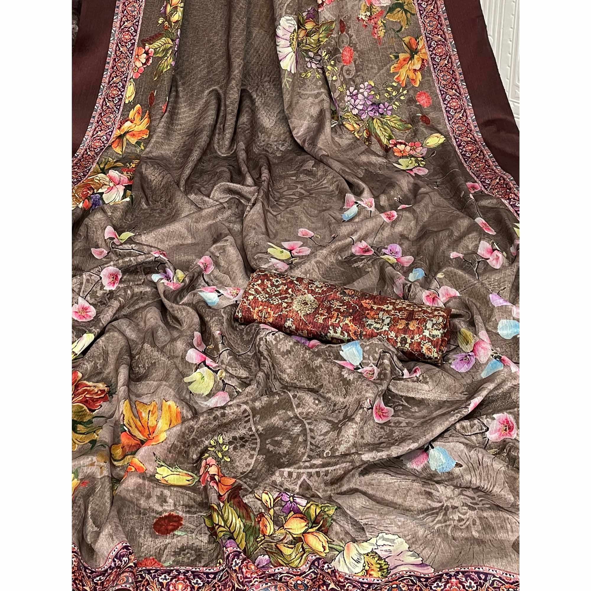 Brown Floral Digital Printed Chinon Silk Saree