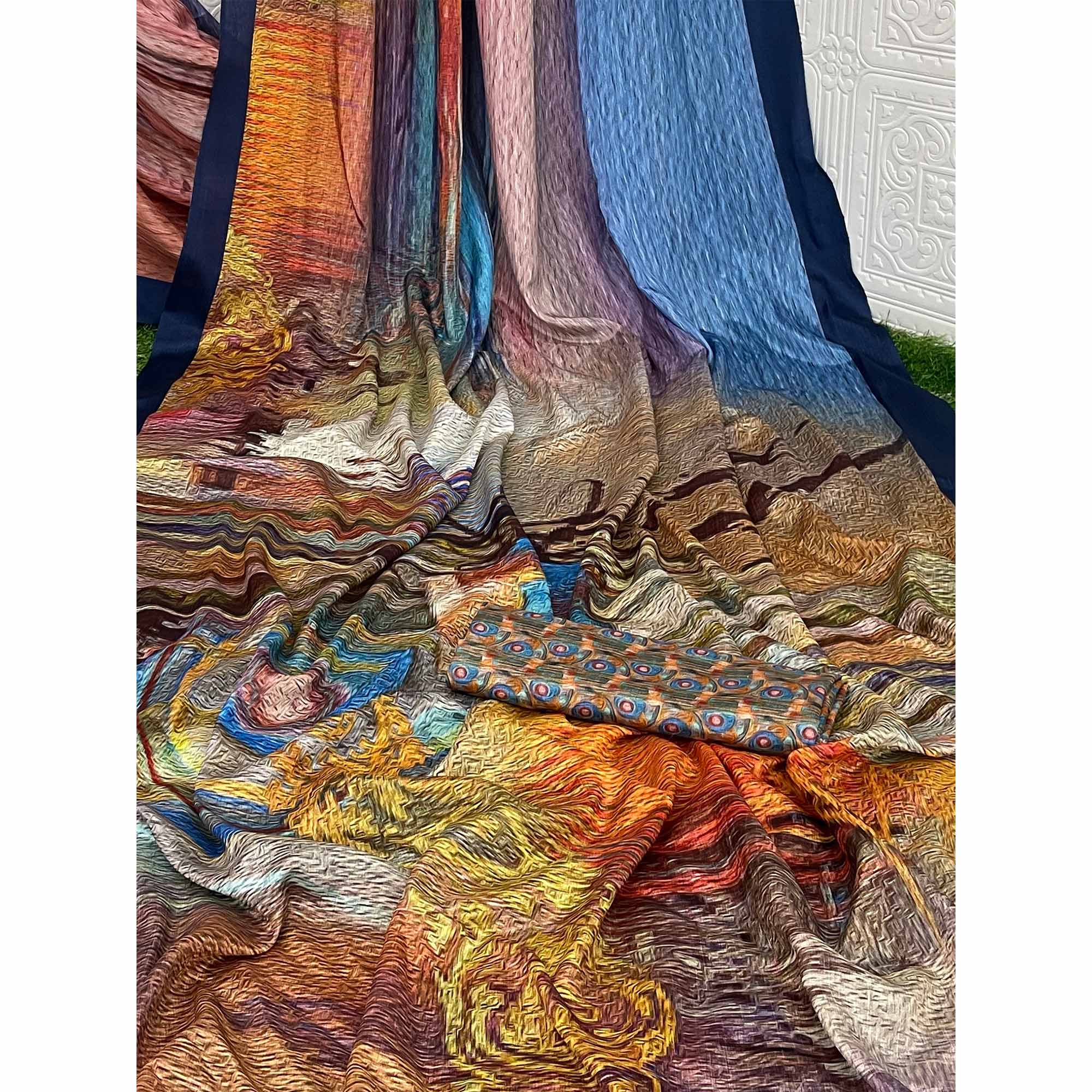 Multicolor Digital Printed Chinon Silk Saree