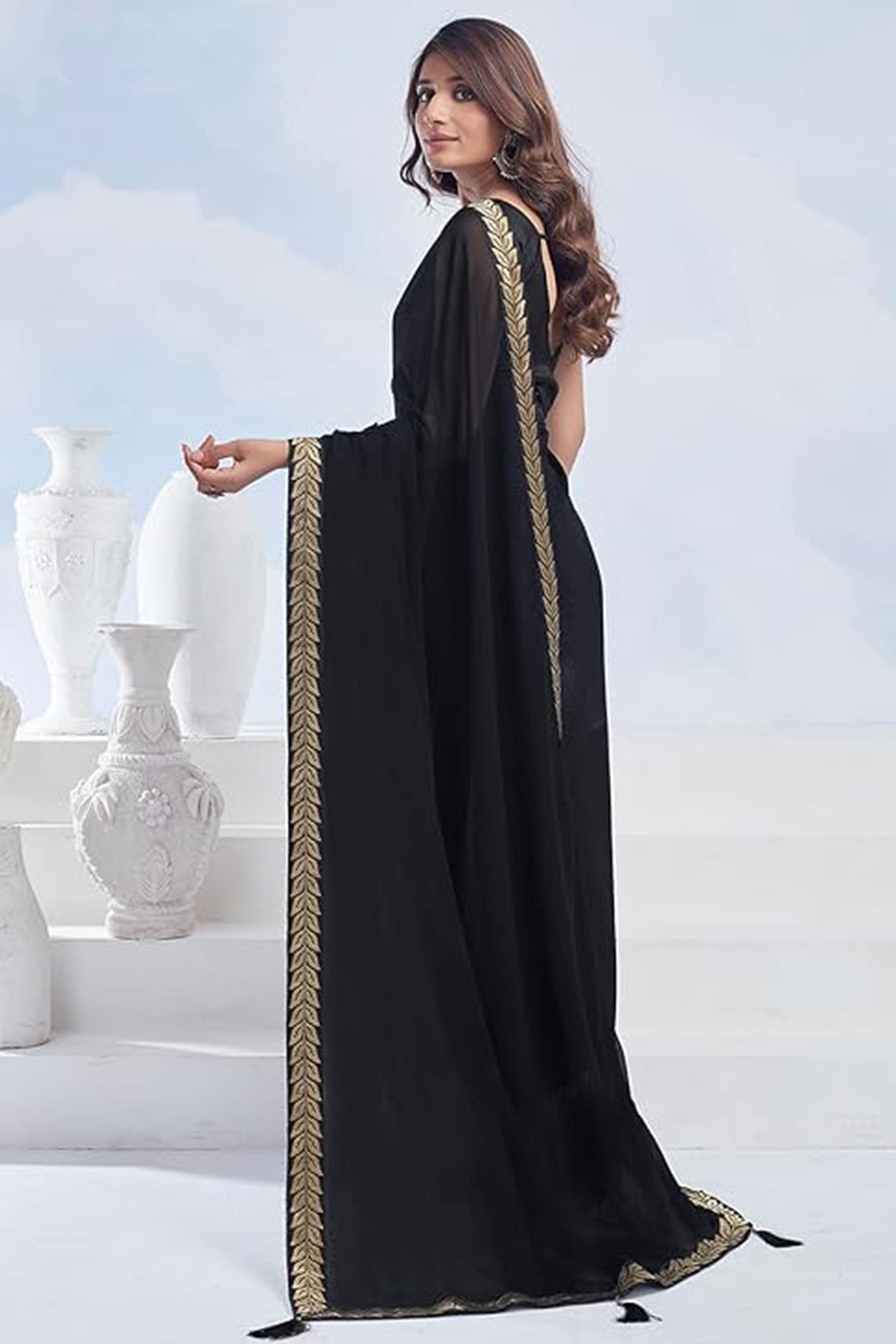 Black Solid Georgette Saree With Embroidered Border