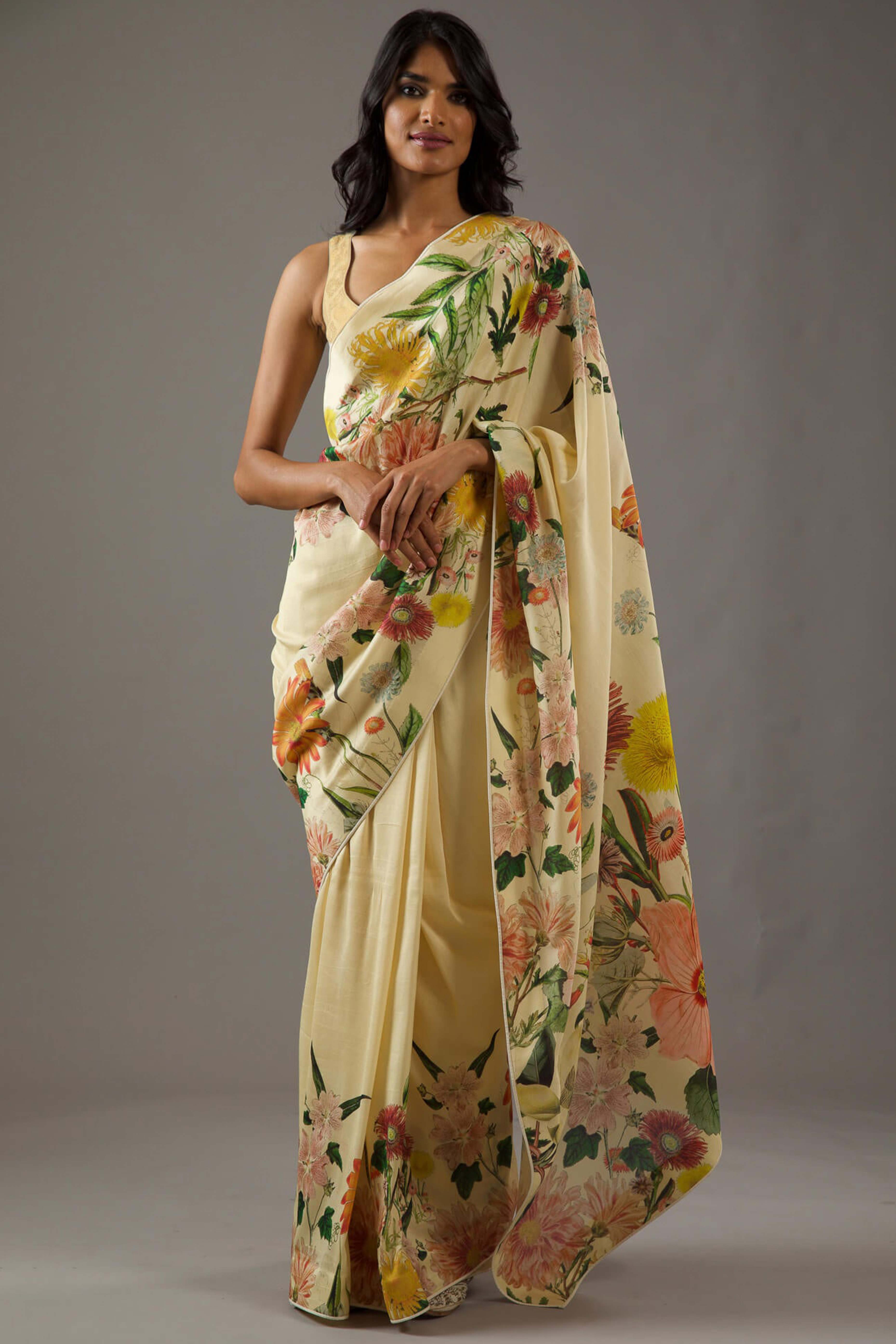 Cream Floral Printed Chiffon Saree