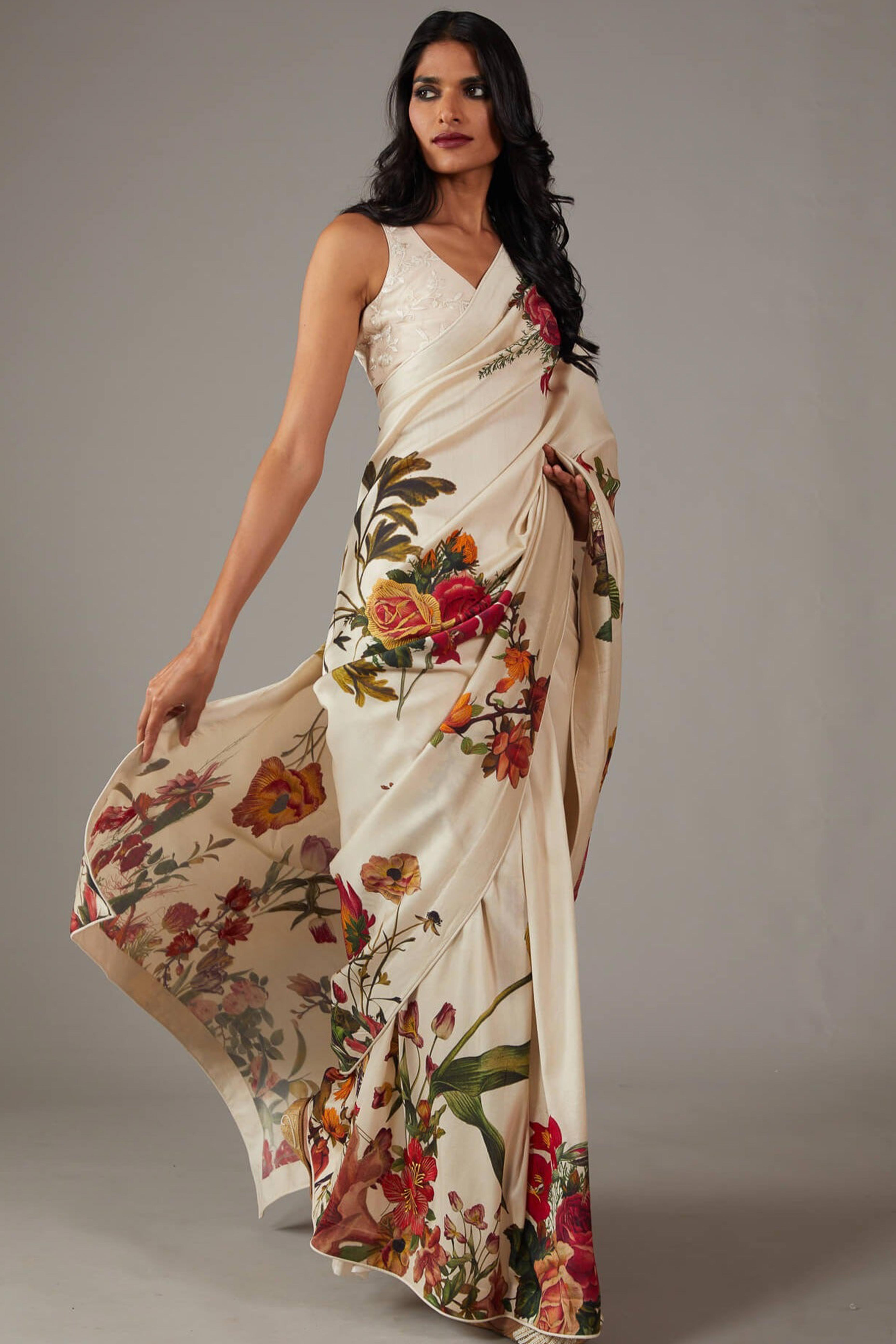 Off White Floral Printed Chiffon Saree