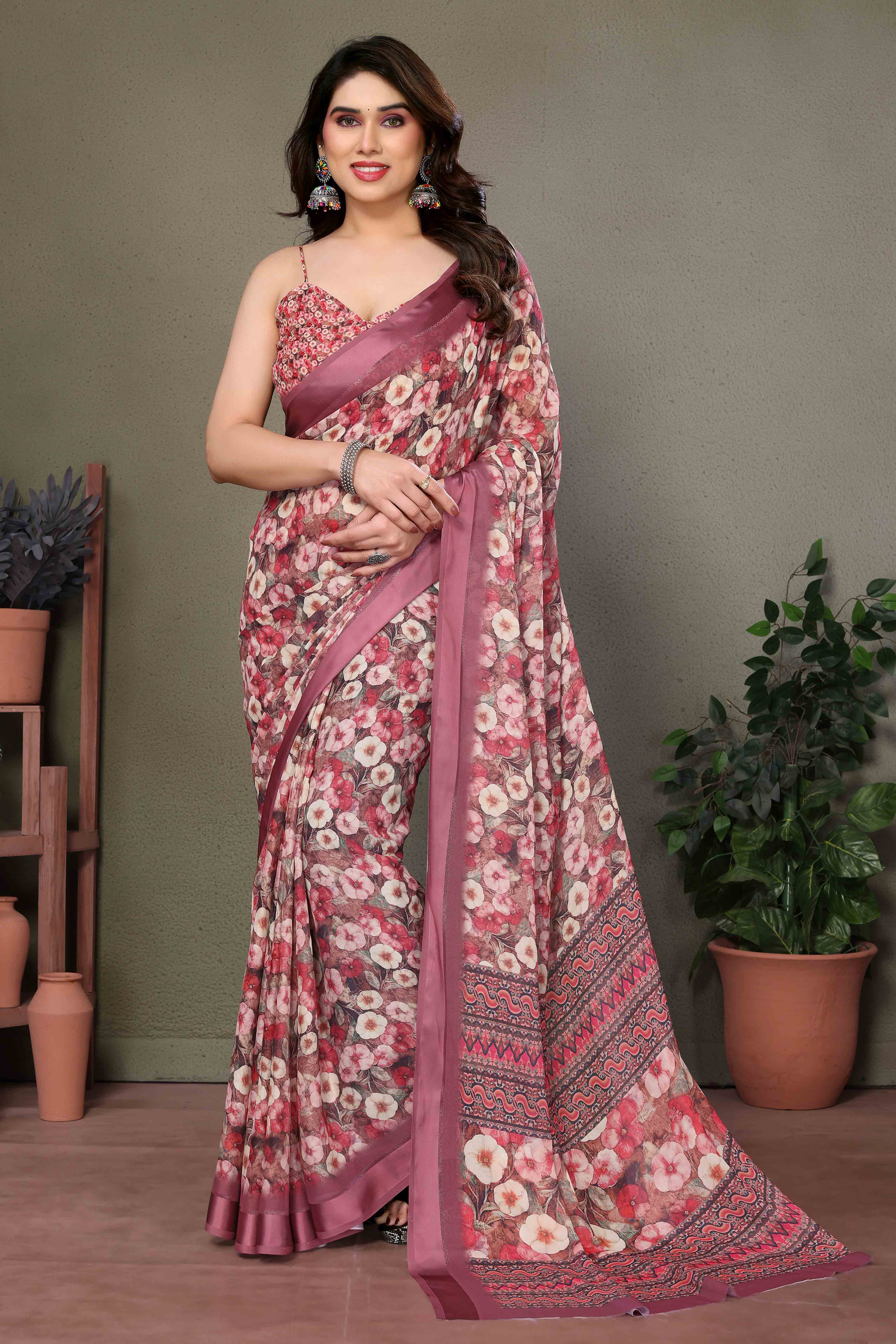 Mauve Floral Printed Chiffon Saree