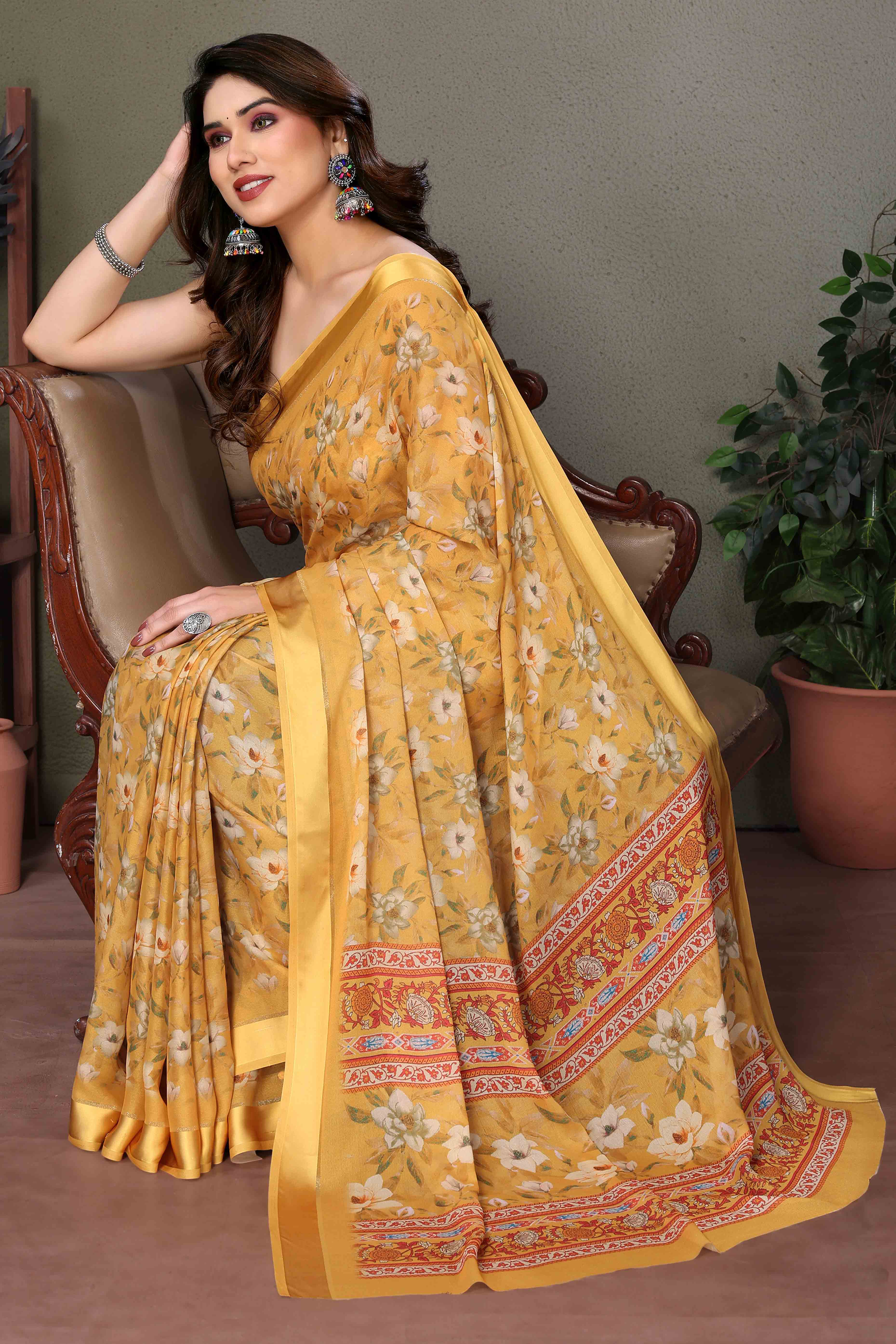 Mustard Floral Printed Chiffon Saree