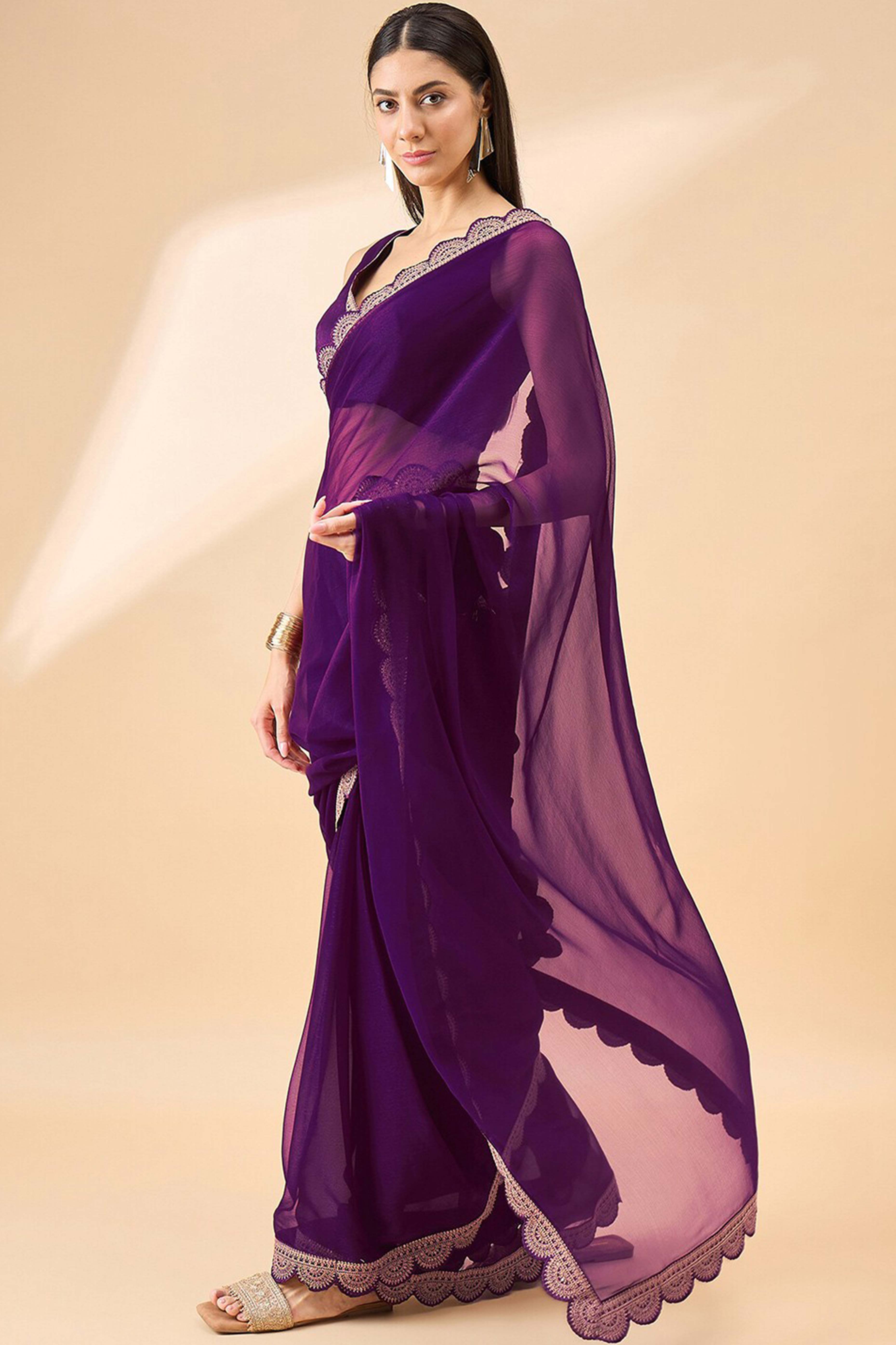Purple Solid Chiffon Saree With Embellished Saree
