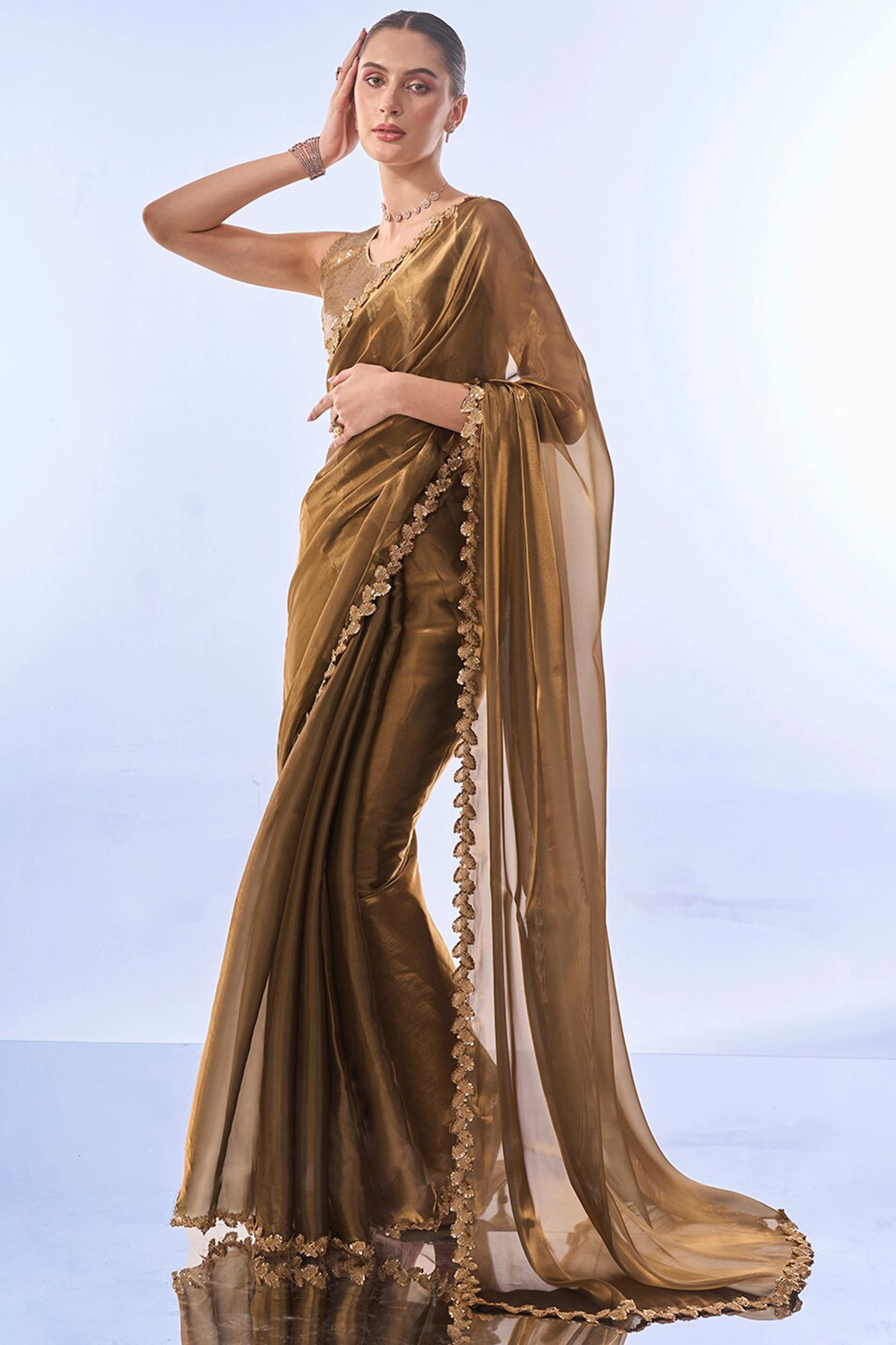 Golden Brown Solid Tissue Jimmy Choo Saree With Sequins Embroidered Cut Work Lace