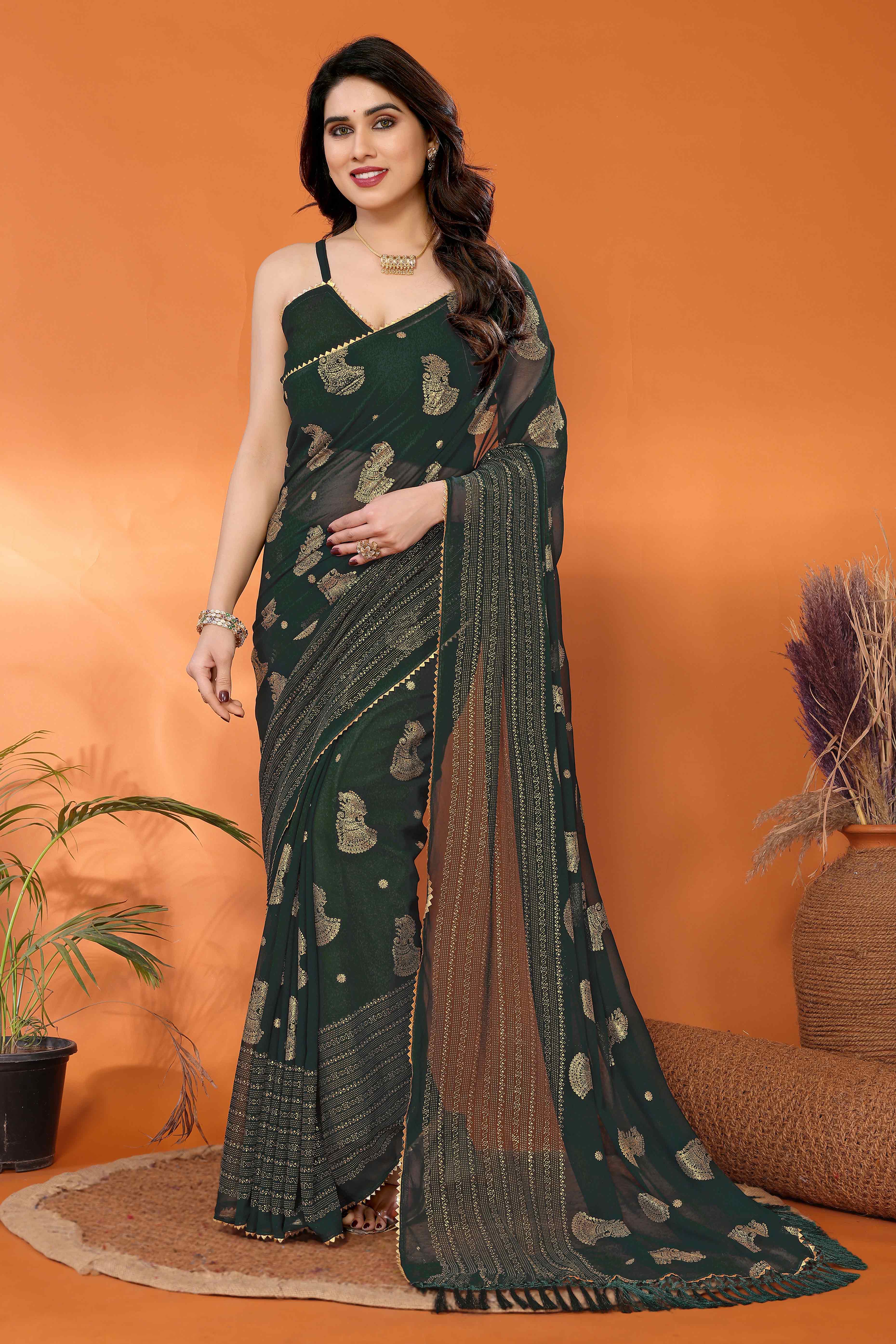 Green Foil Printed Georgette Saree