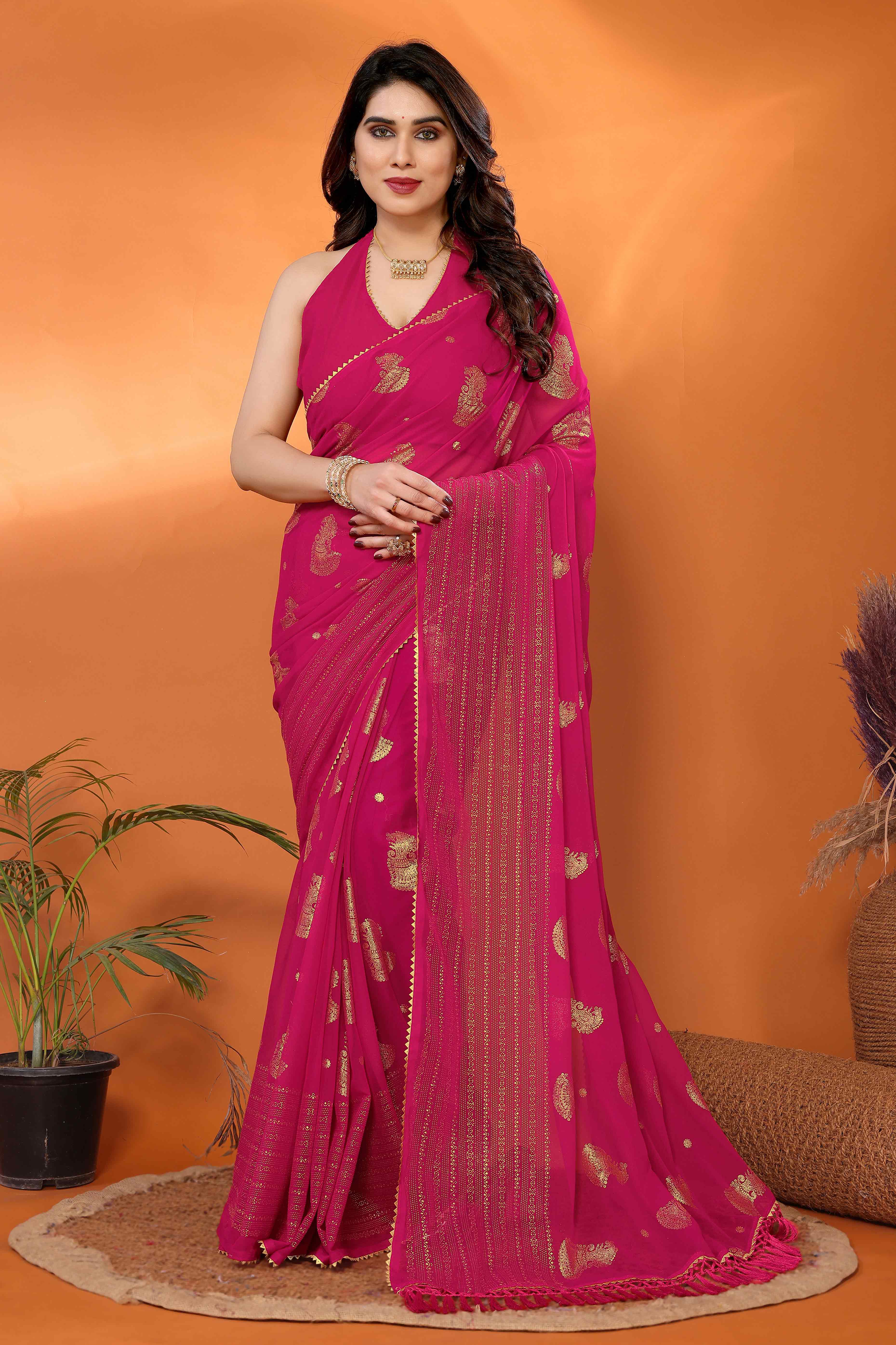 Pink Foil Printed Georgette Saree