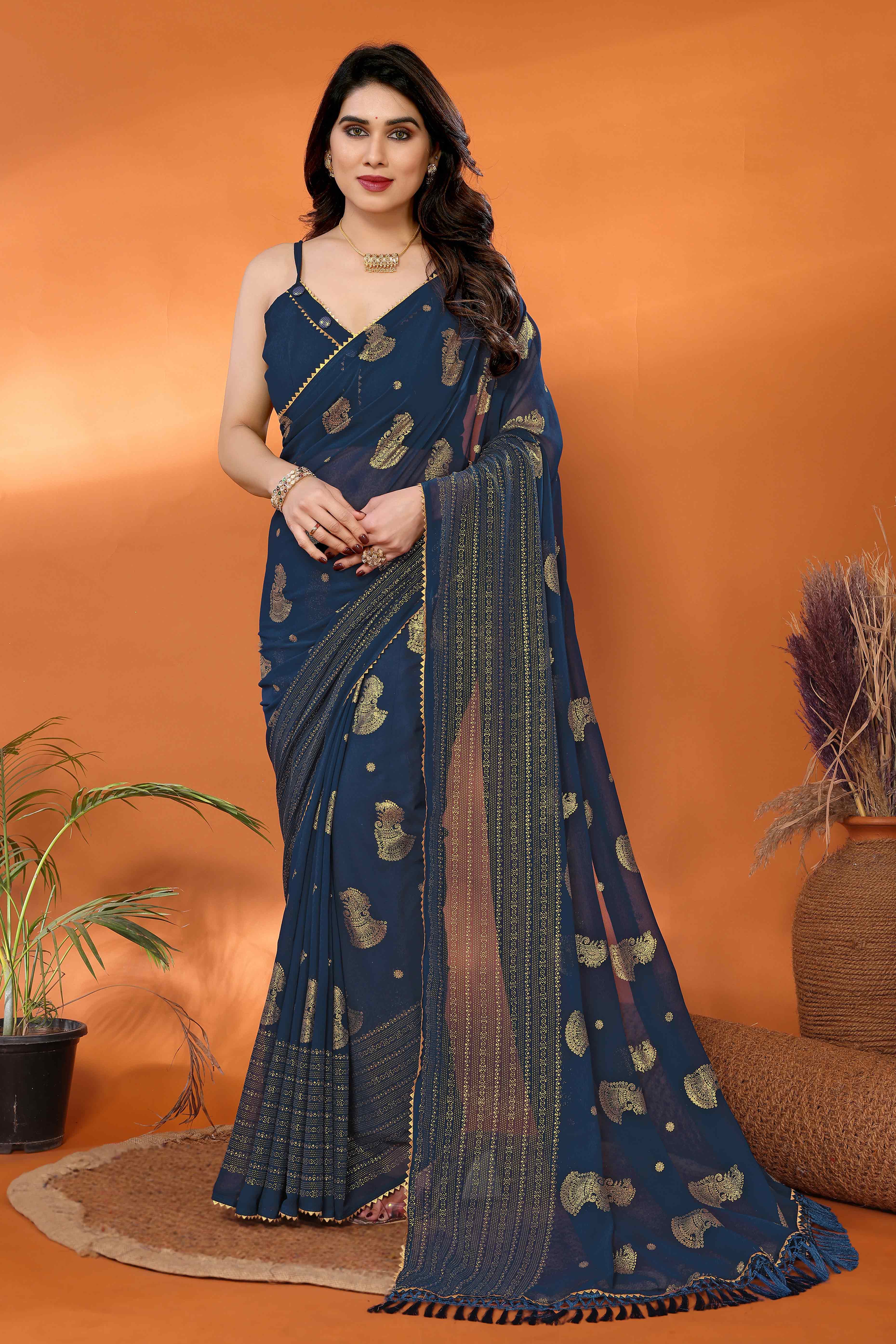 Teal Foil Printed Georgette Saree