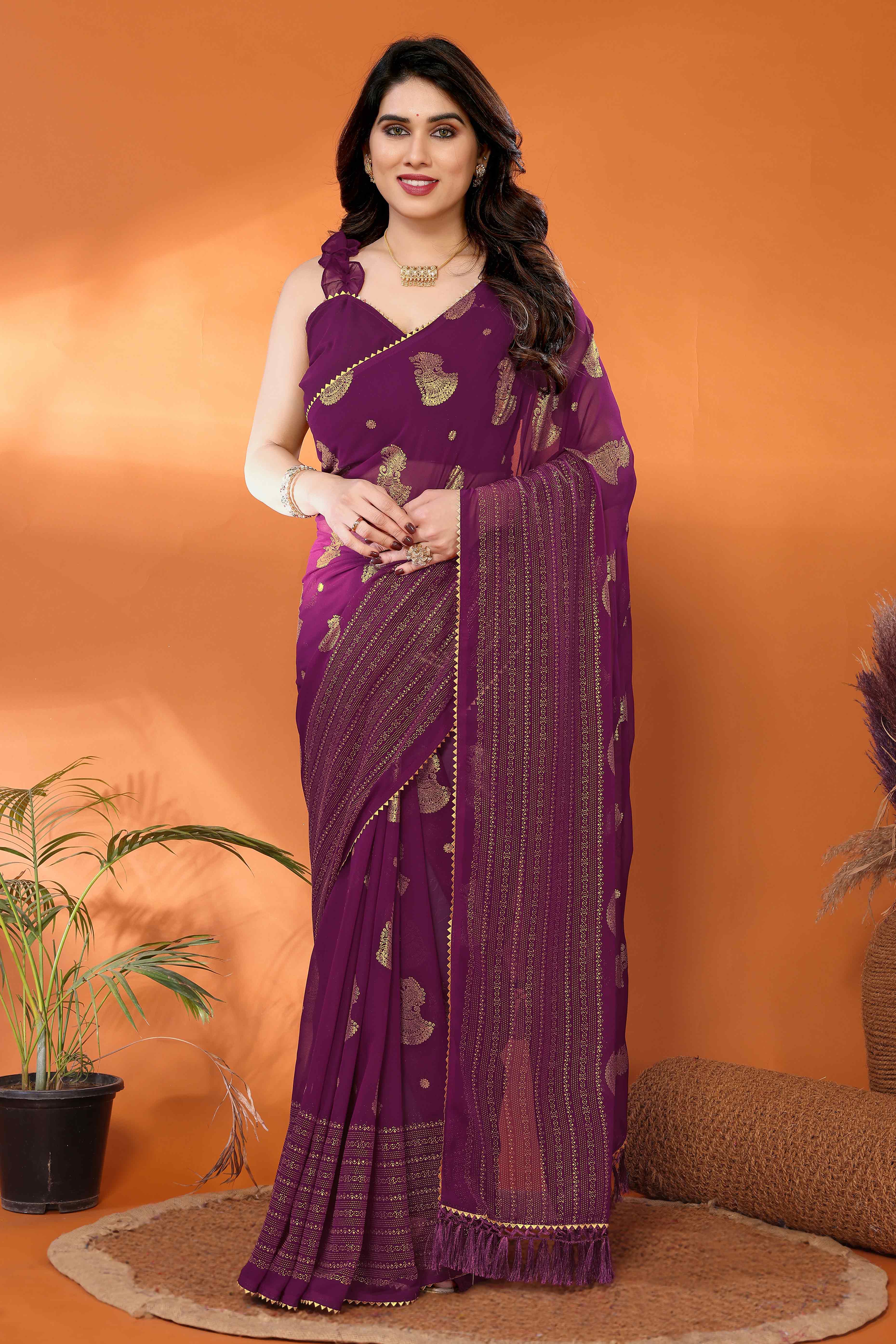 Wine Foil Printed Georgette Saree