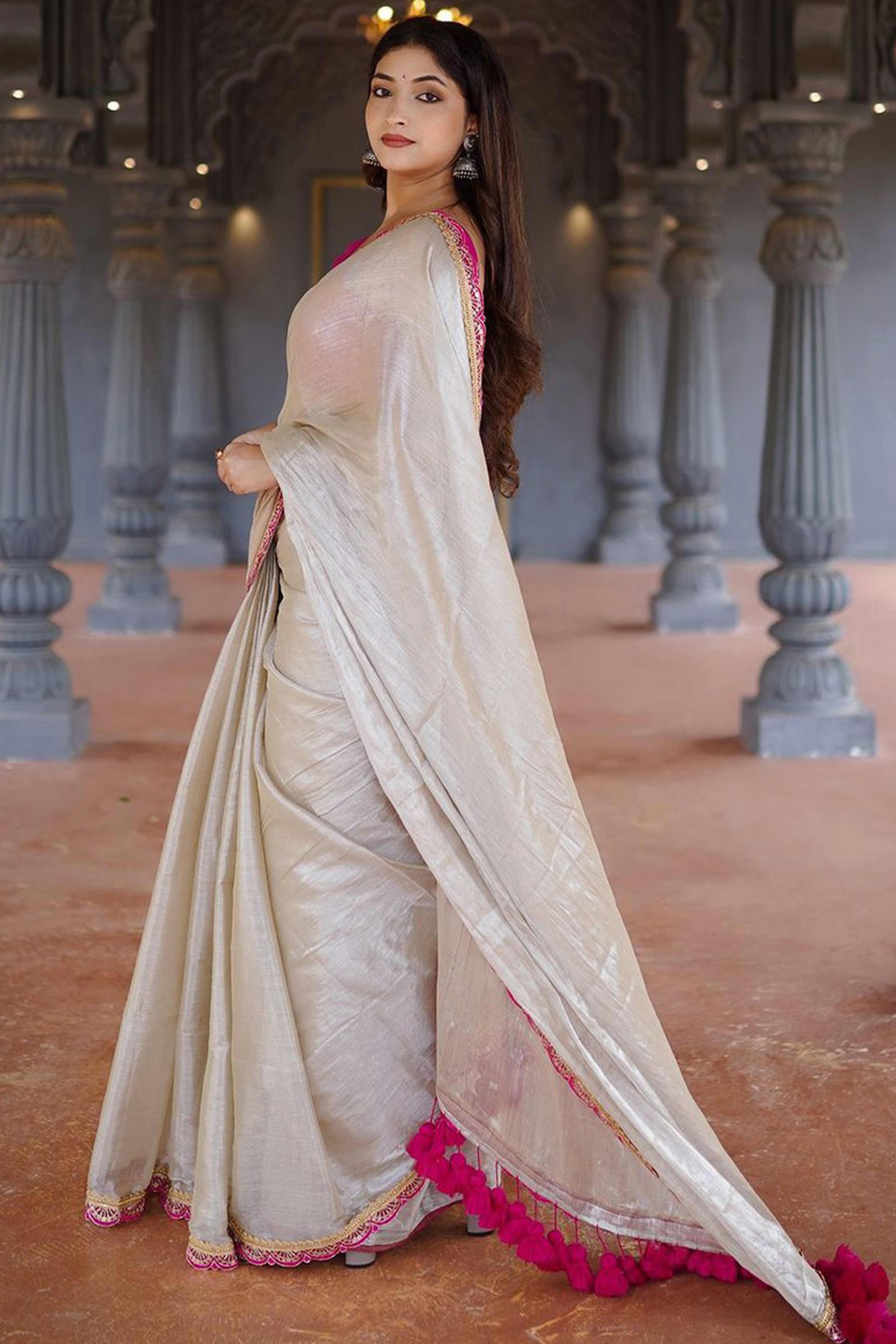 Pastel Grey Sequins Embroidered Jimmy Choo Tissue Saree With Tassels