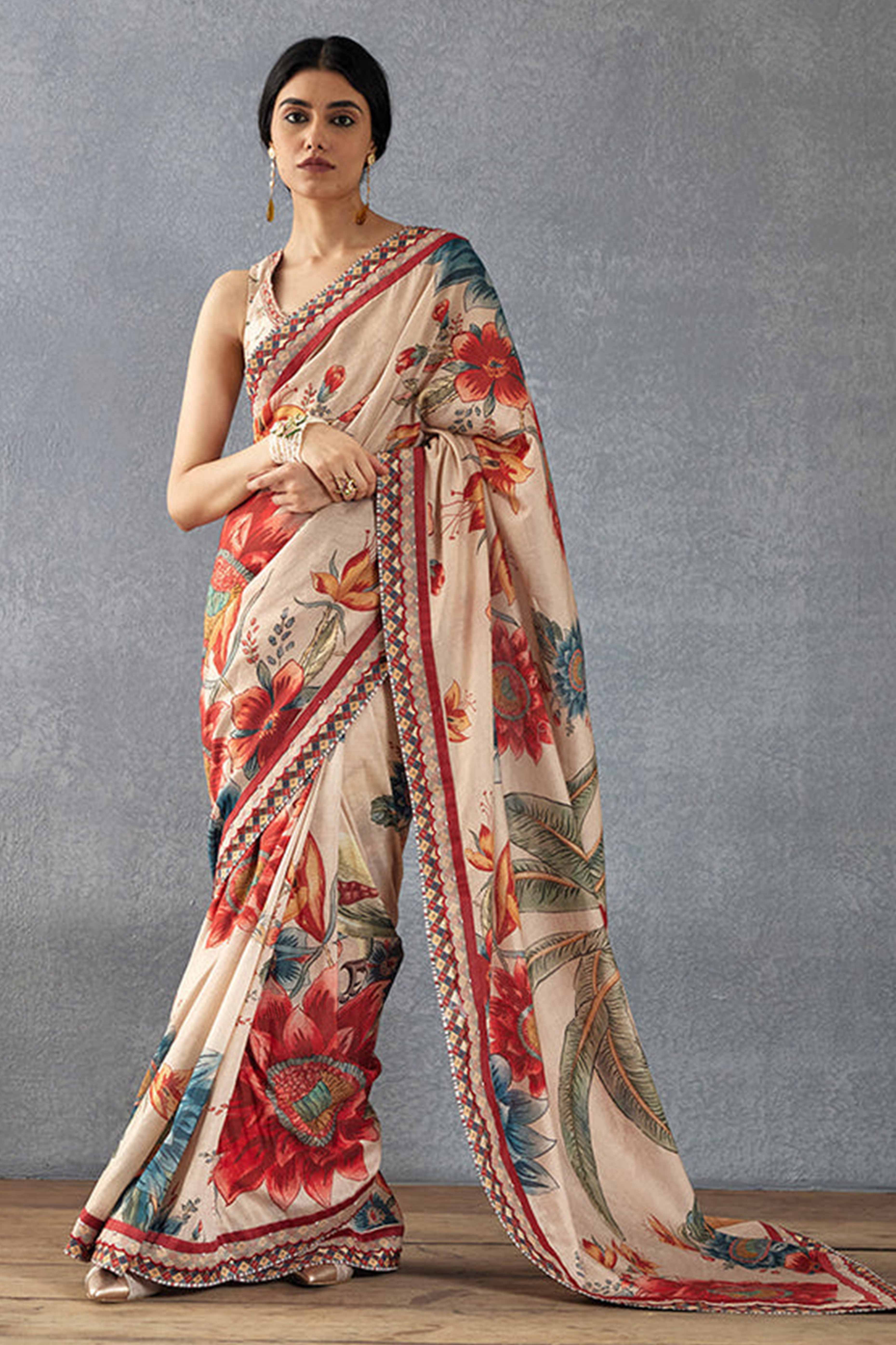 Beige Floral Printed Moss Chiffon Saree With Tassels