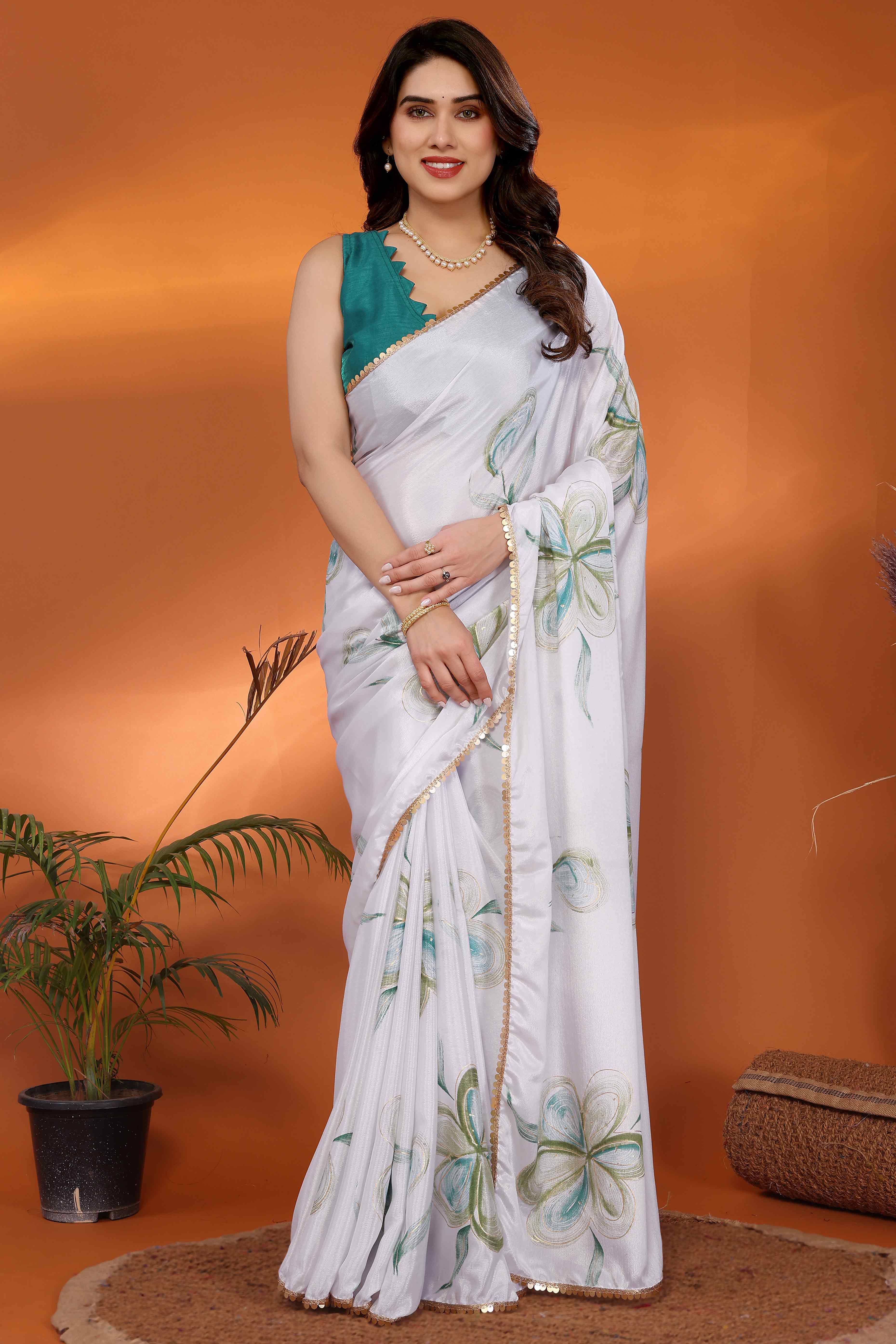 White & Green Floral Printed Chiffon Saree