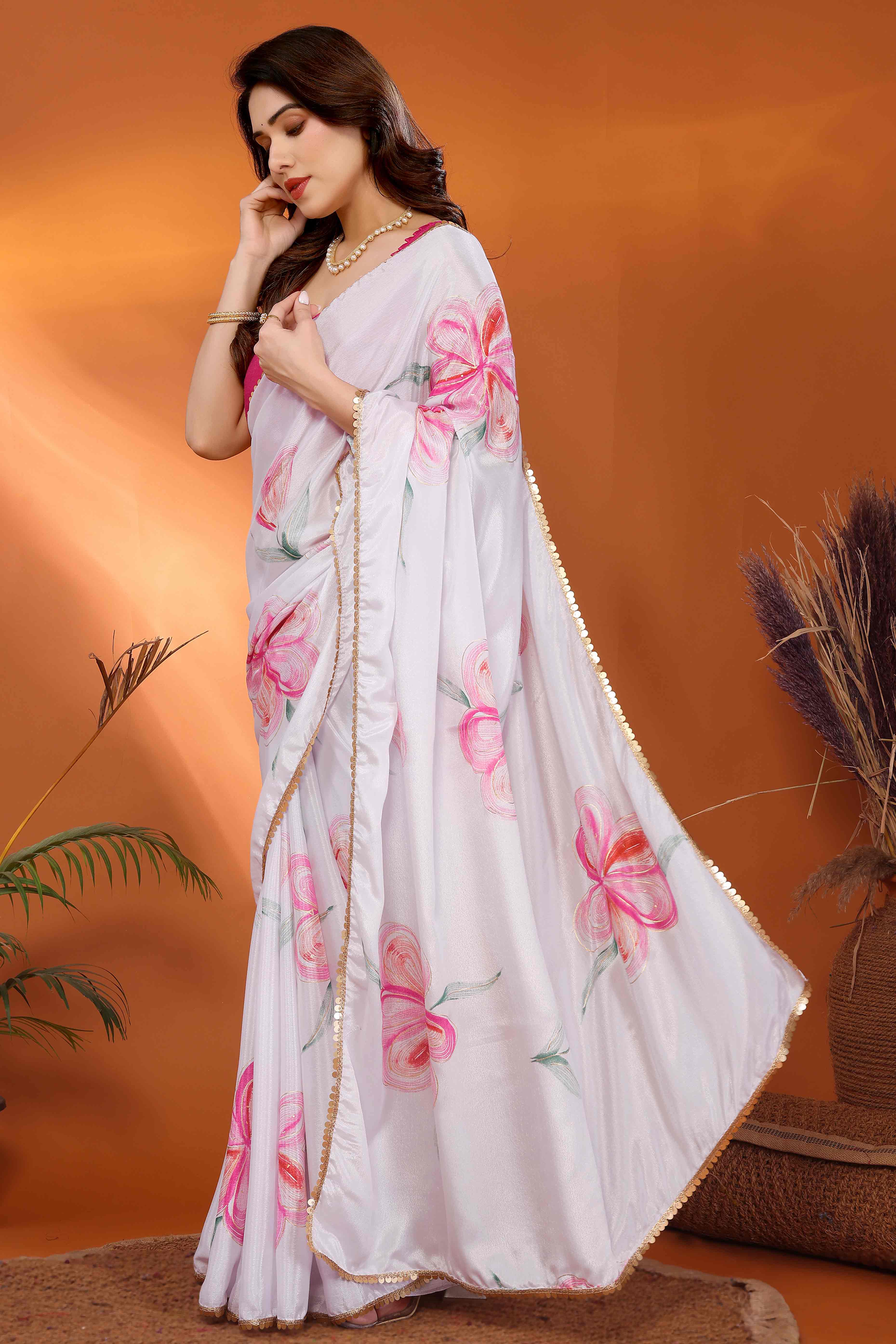 White & Pink Floral Printed Chiffon Saree