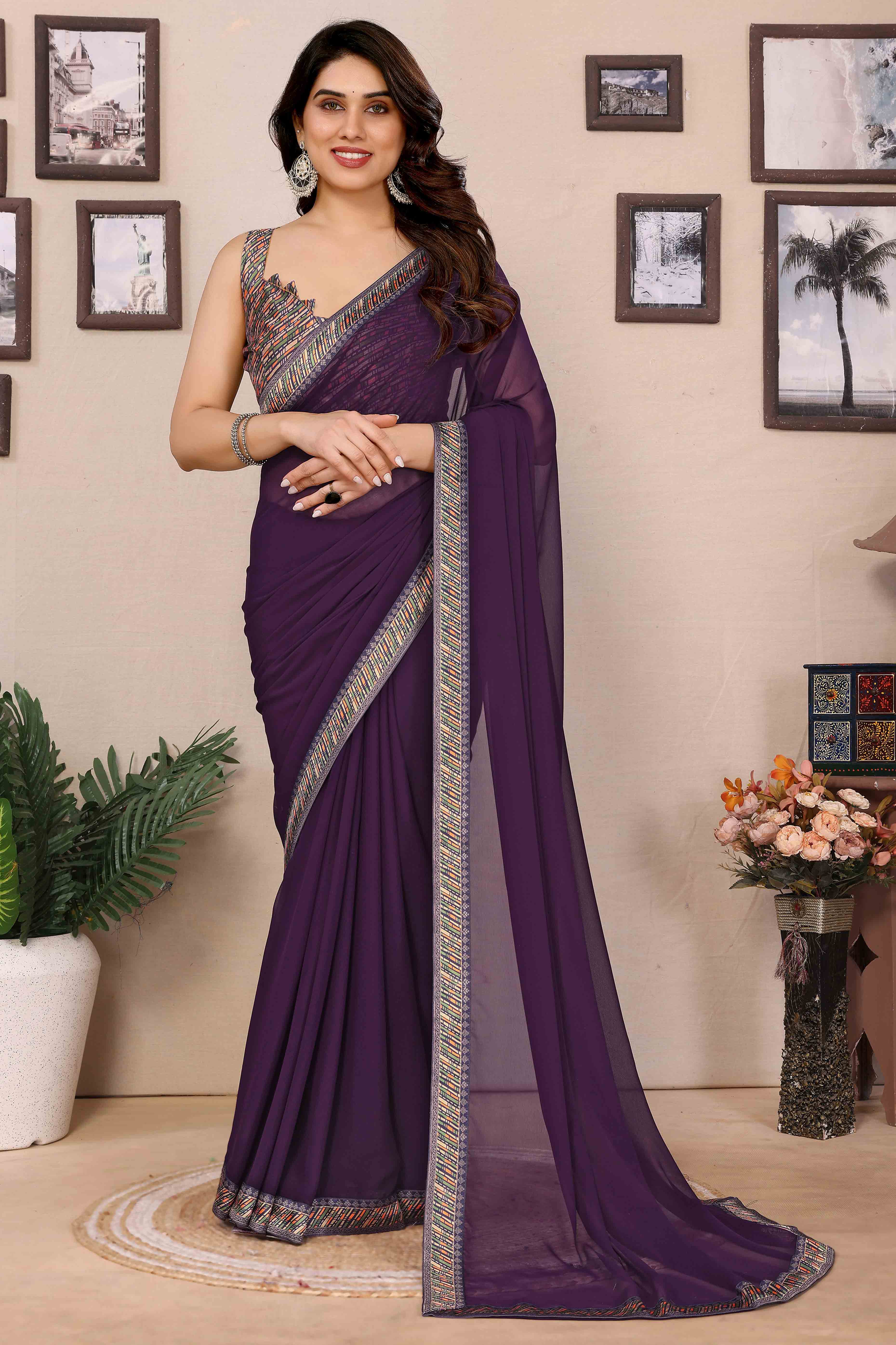 Wine Solid Georgette Saree With Printed Border