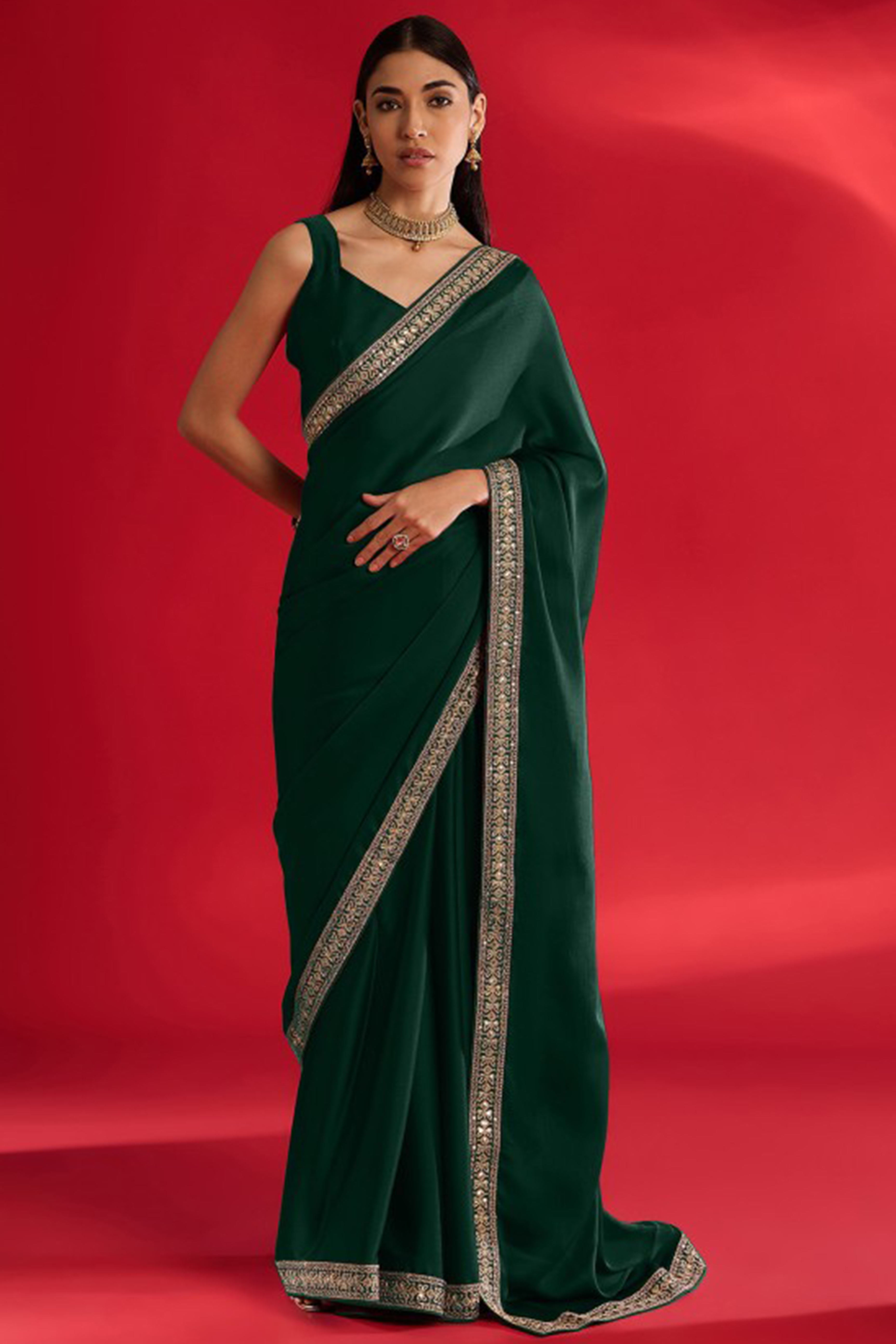Green Solid With Embellished Bordered Georgette Sarees