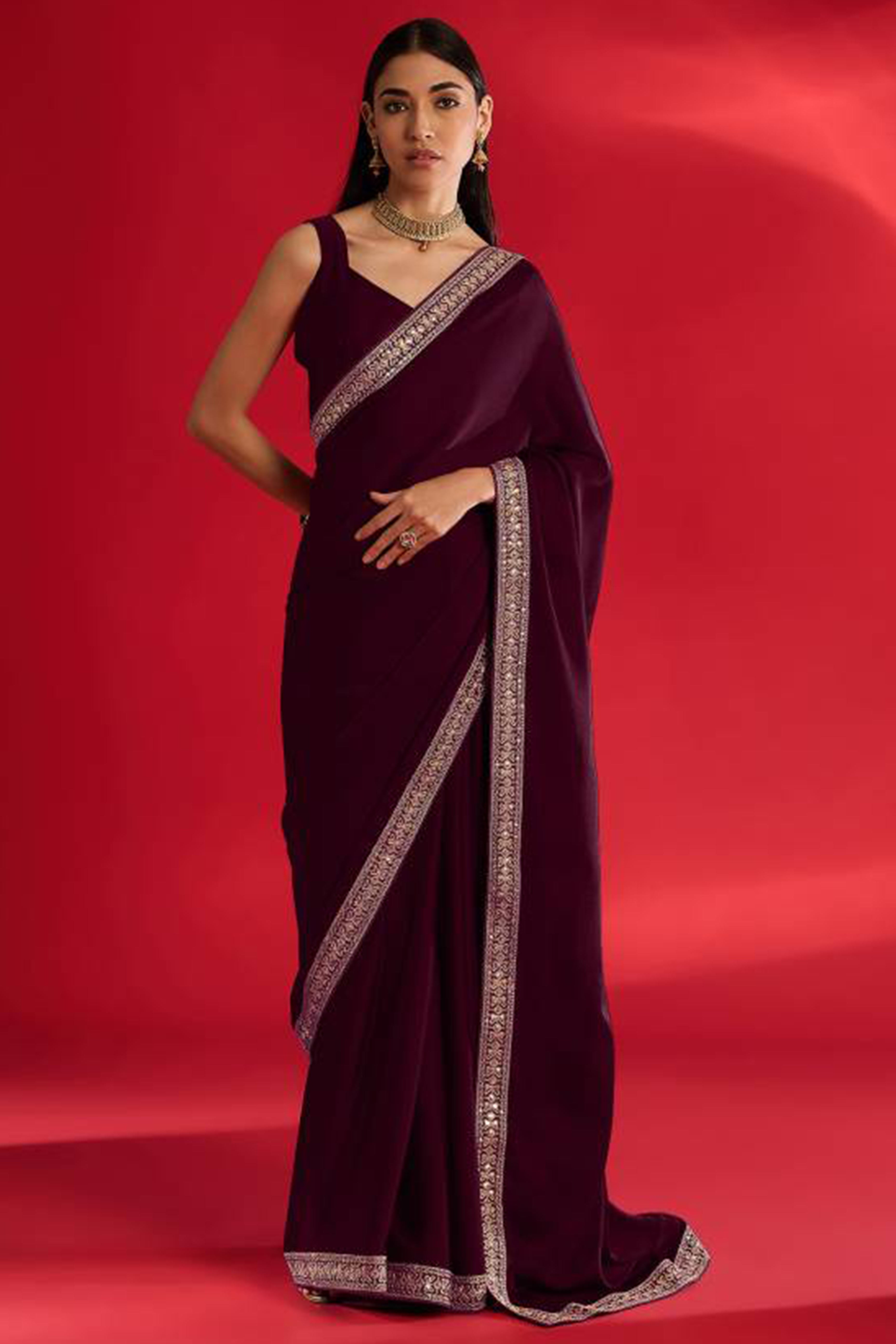 Wine Solid With Embellished Bordered Georgette Sarees