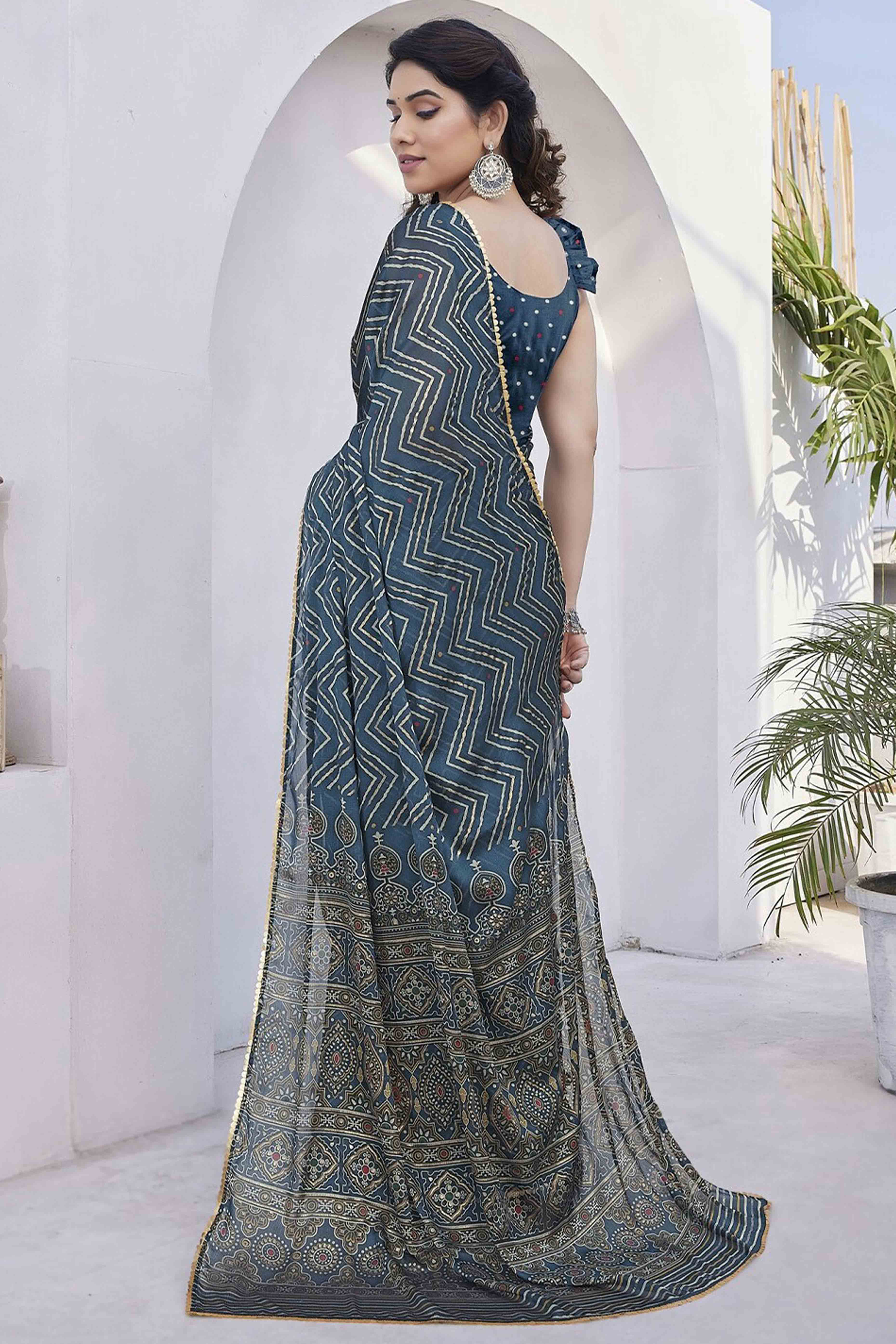 Morpich Blue Chiffon Saree With Zig-Zag Foil Print & Golden Lace Border
