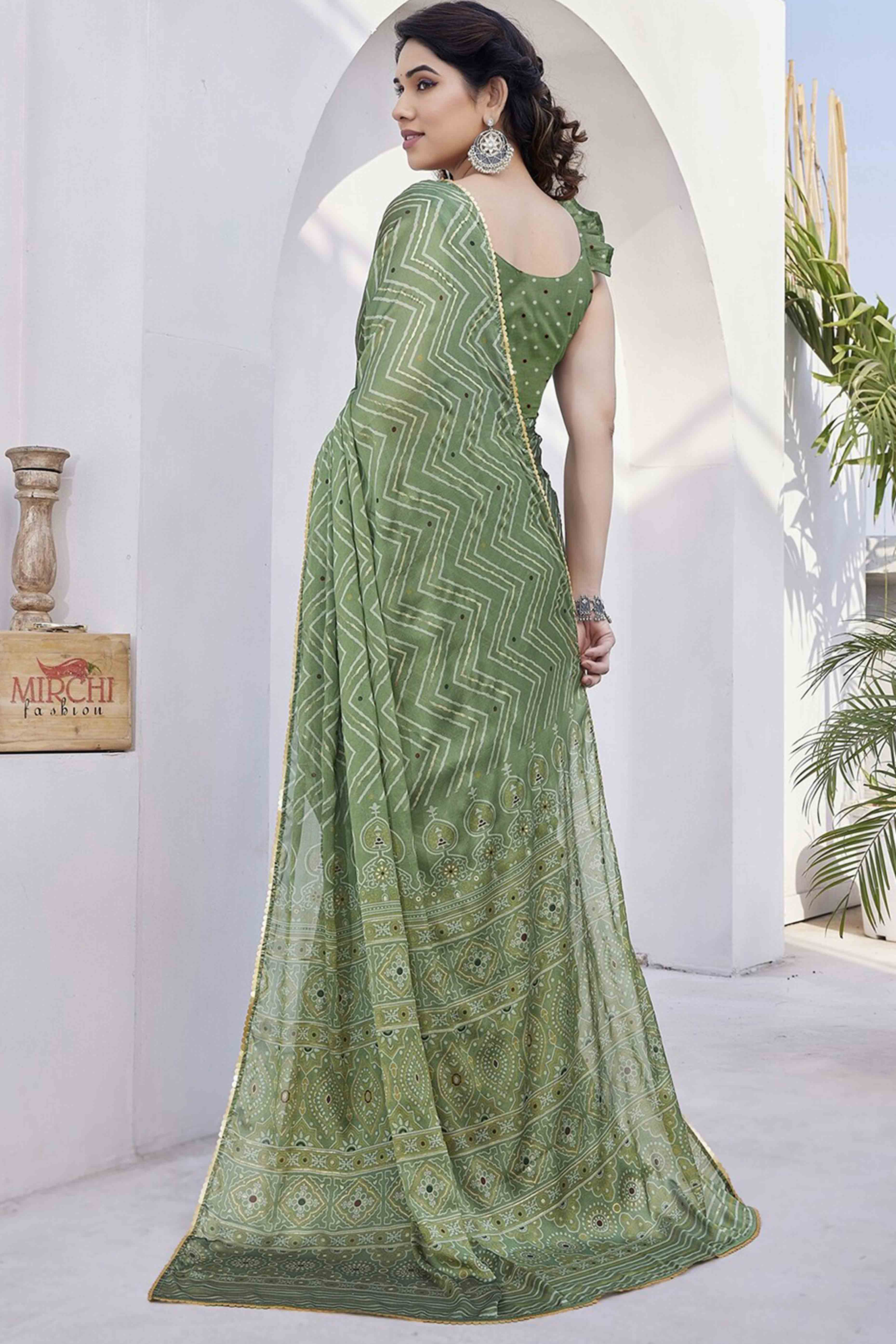 Pista Green Chiffon Saree With Zig-Zag Foil Print & Golden Lace Border