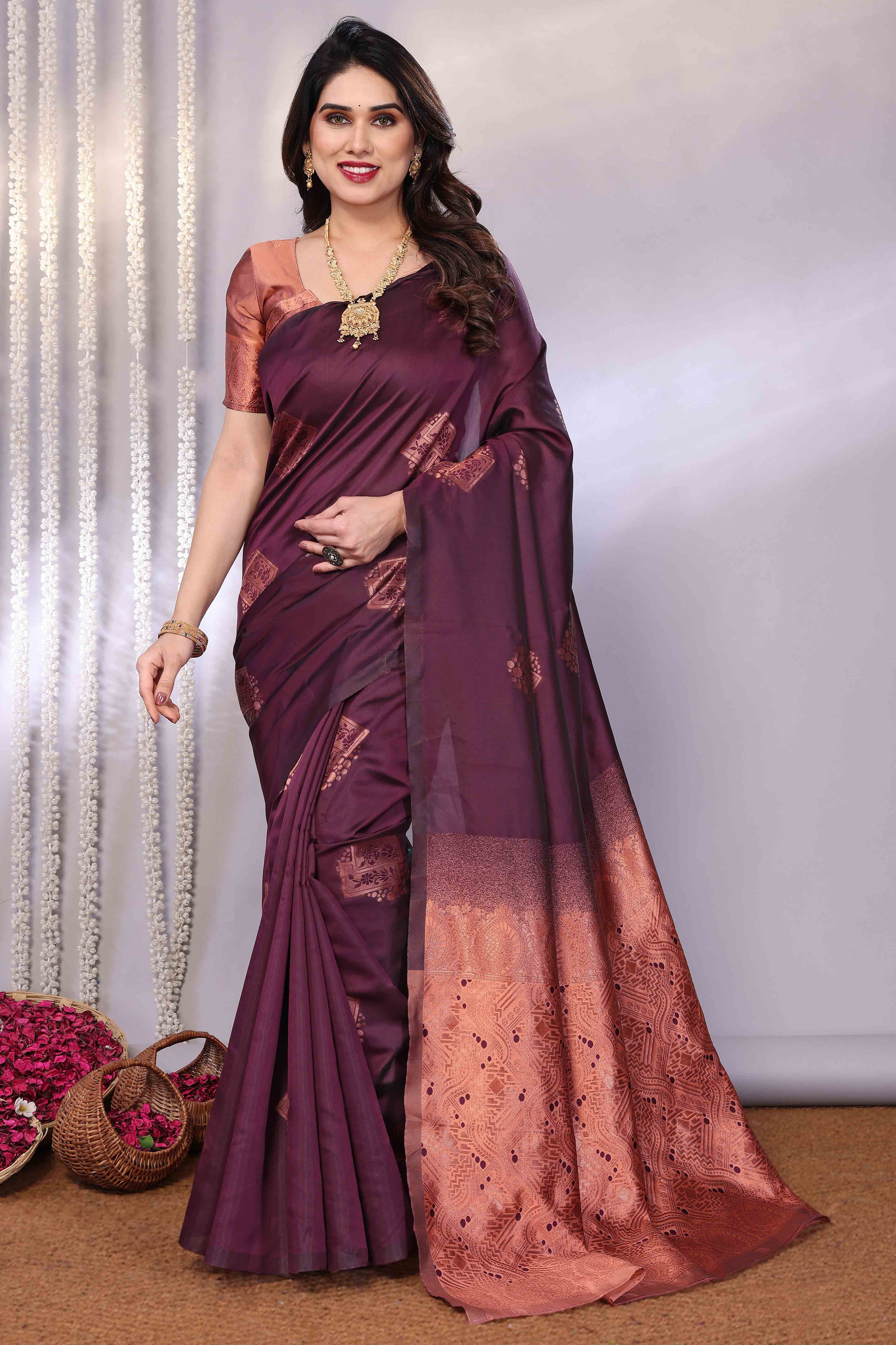 Burgundy Banarasi Silk Saree Adorned With Floral Zari Weaving