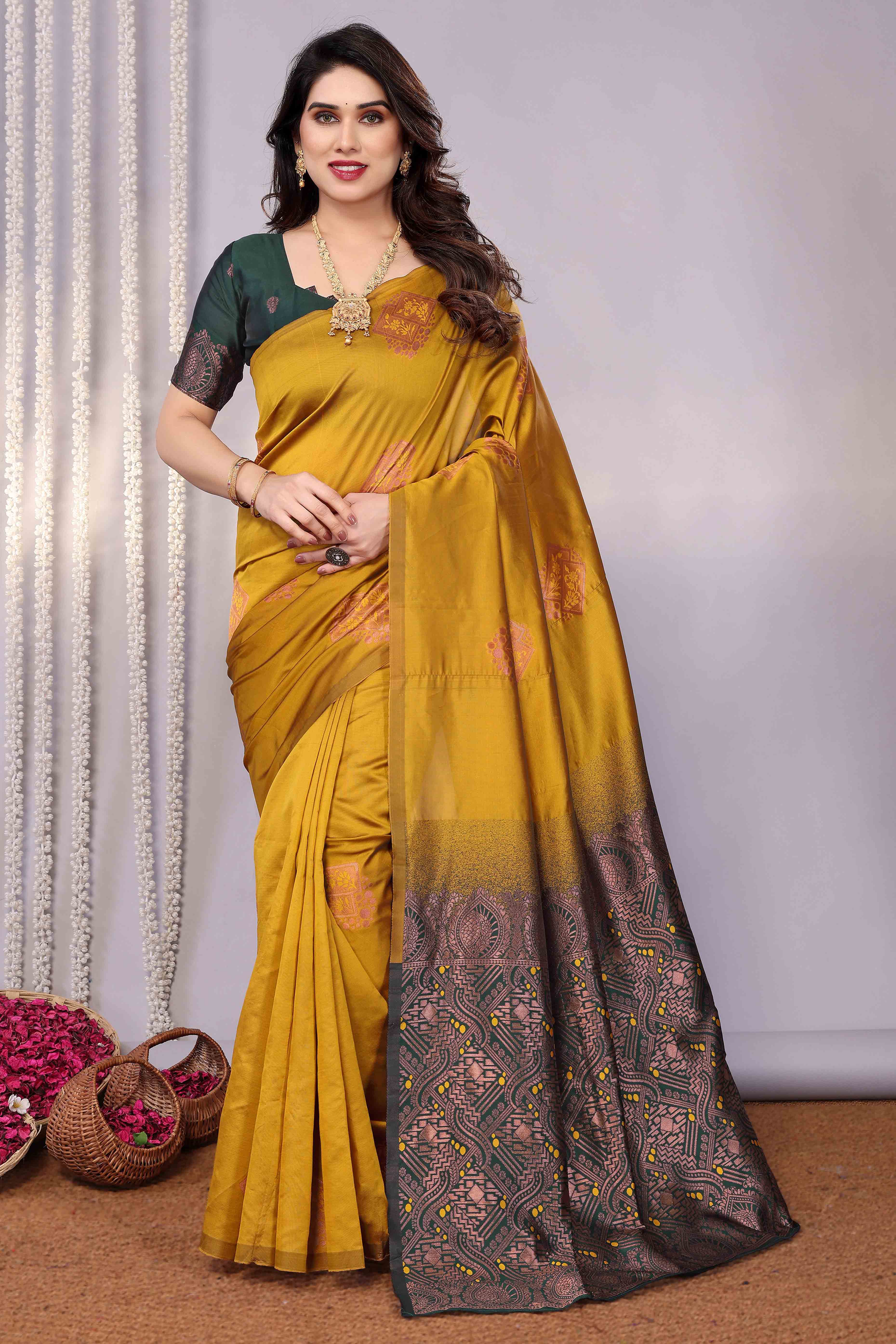 Mustard Banarasi Silk Saree Adorned With Floral Zari Weaving