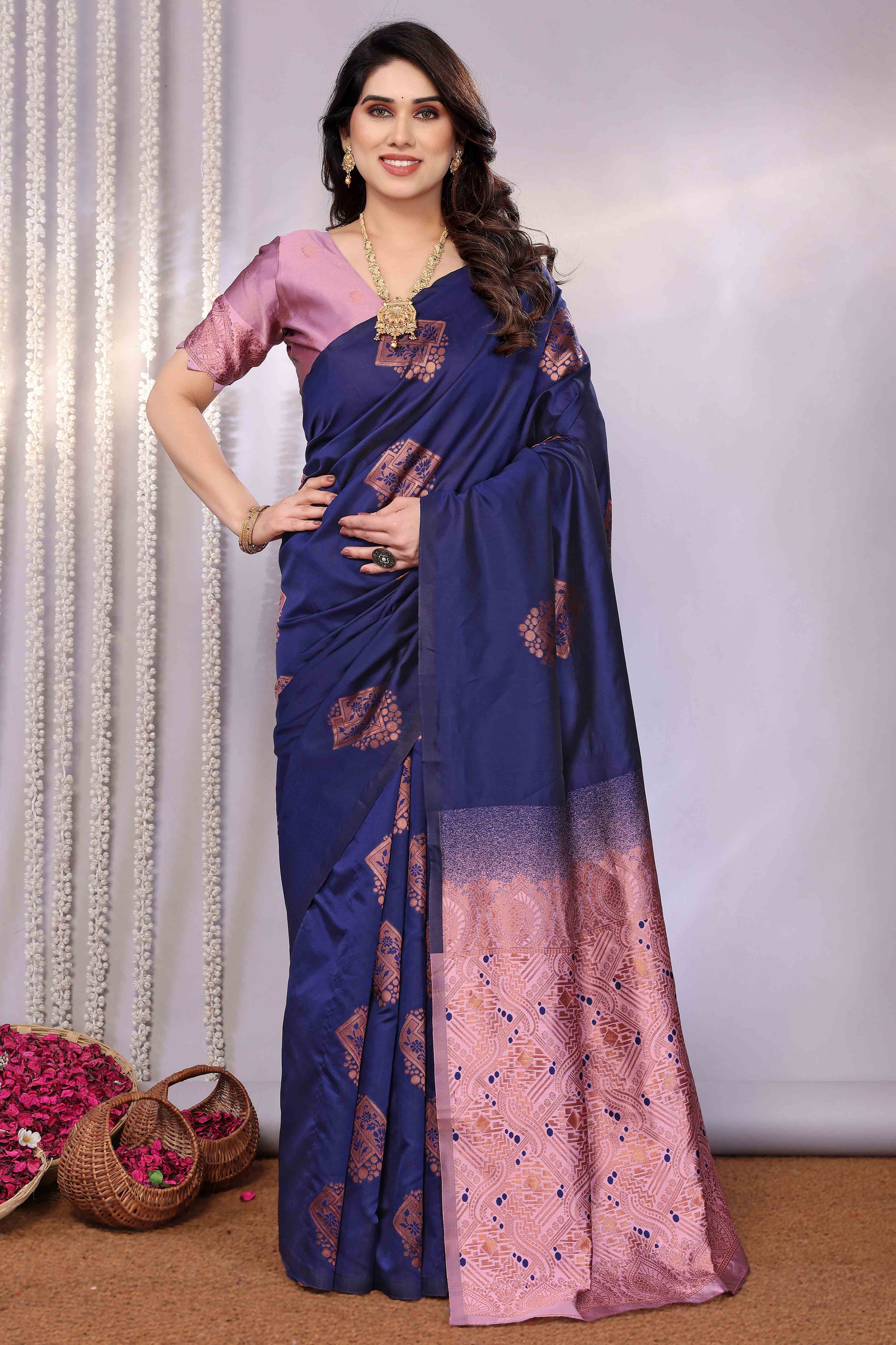 Navy Blue Banarasi Silk Saree Adorned With Floral Zari Weaving
