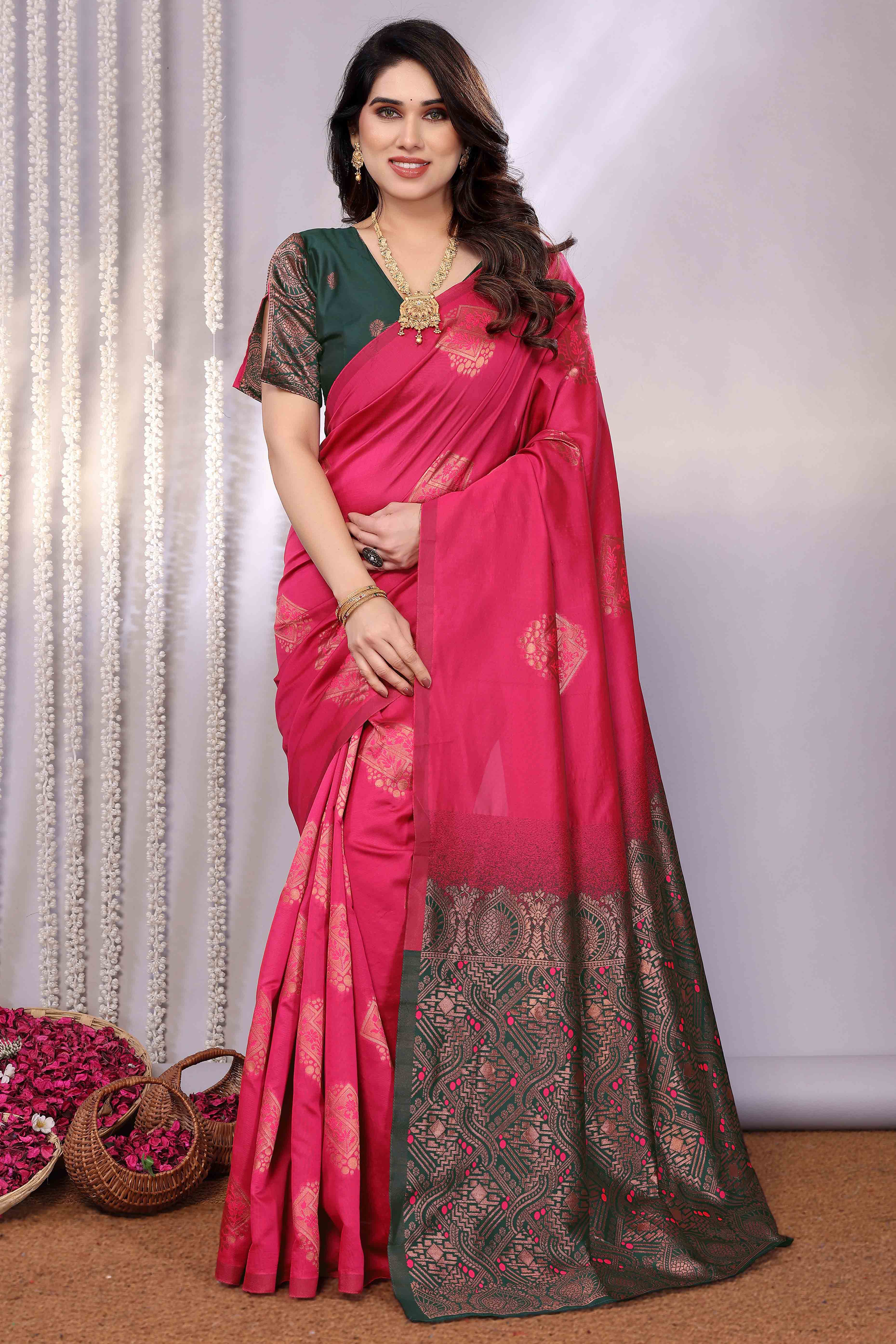 Pink Banarasi Silk Saree Adorned With Floral Zari Weaving