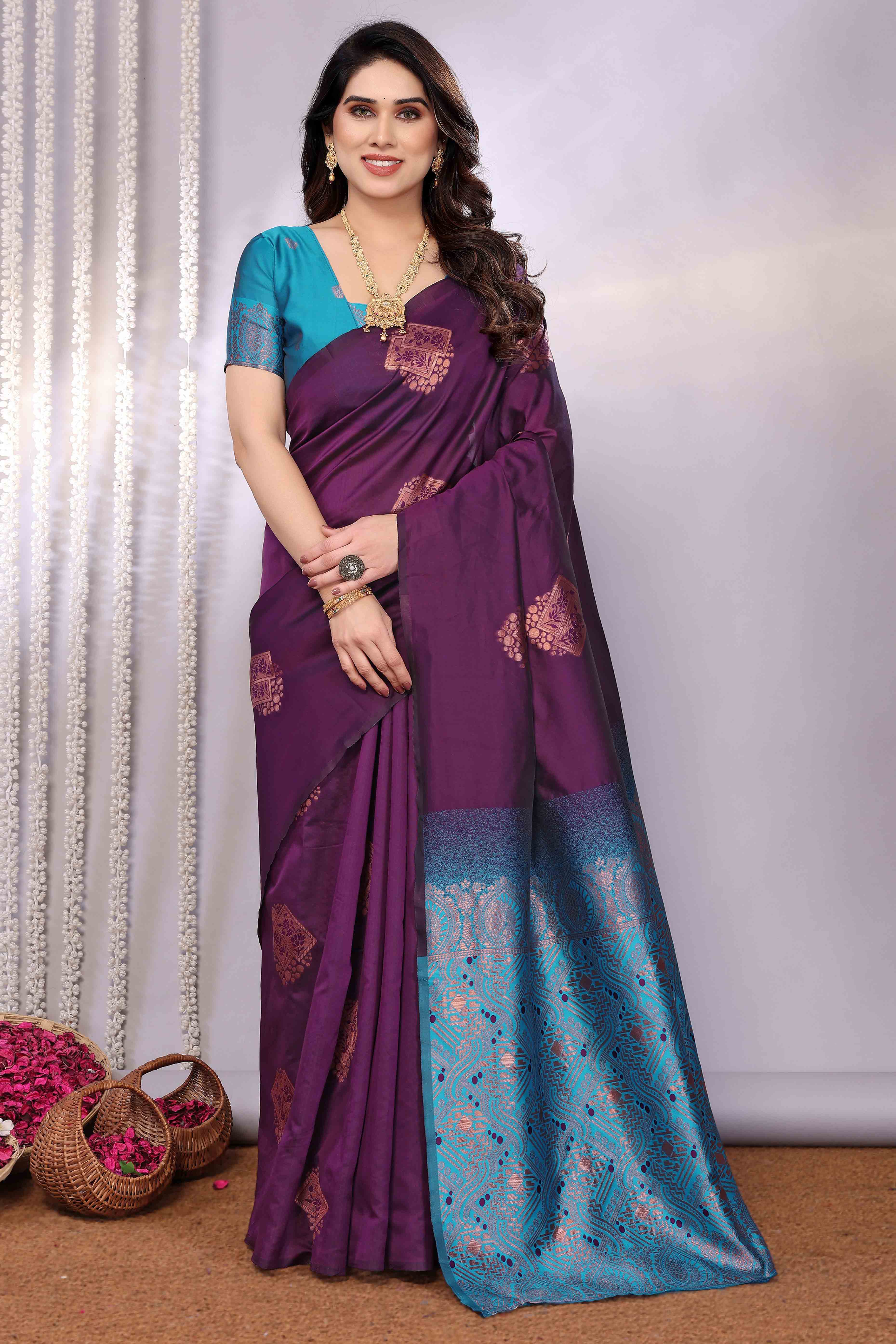 Purple Banarasi Silk Saree Adorned With Floral Zari Weaving