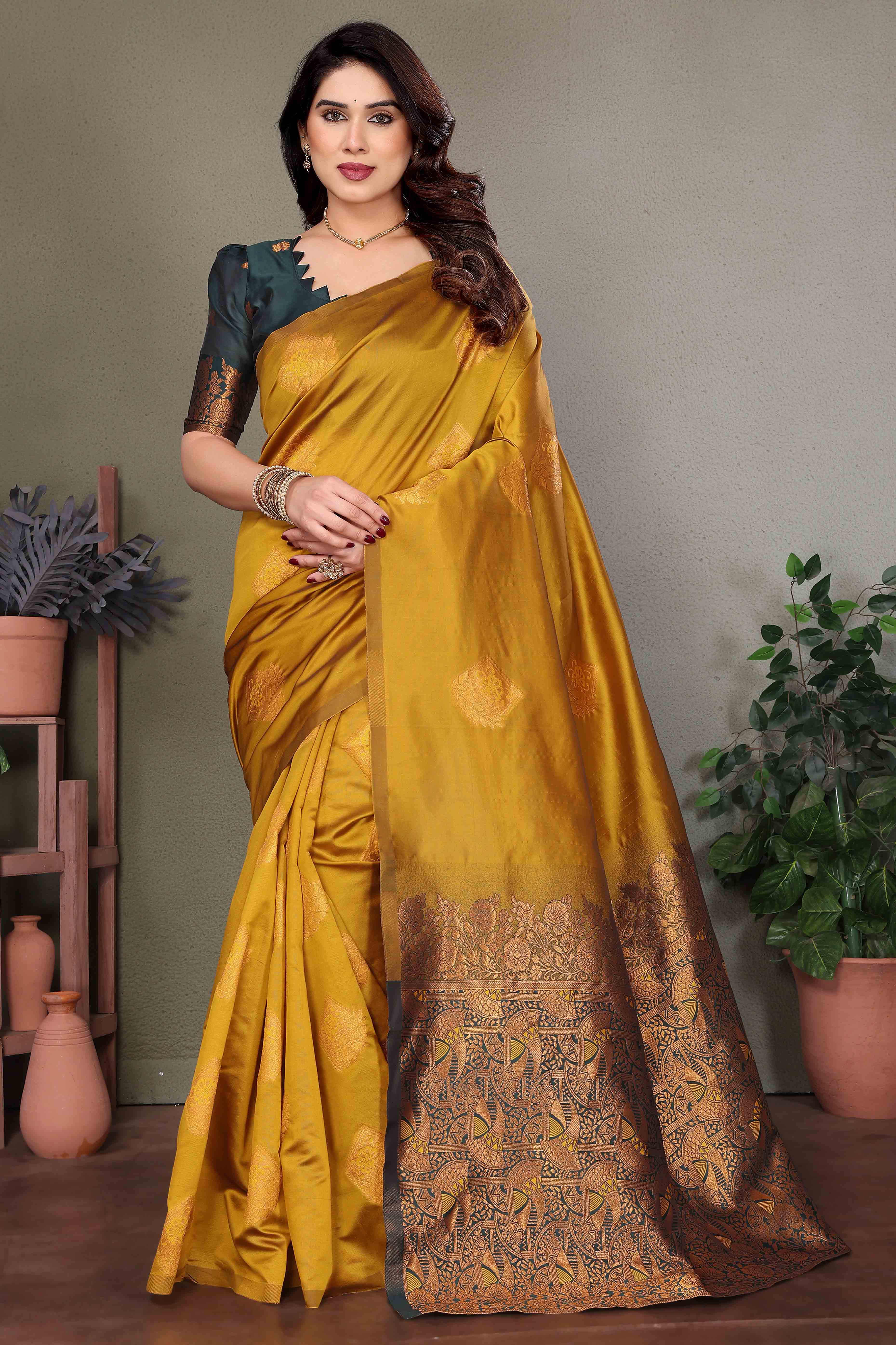 Mustard Banarasi Silk Saree With Exquisite Floral Zari Weaving
