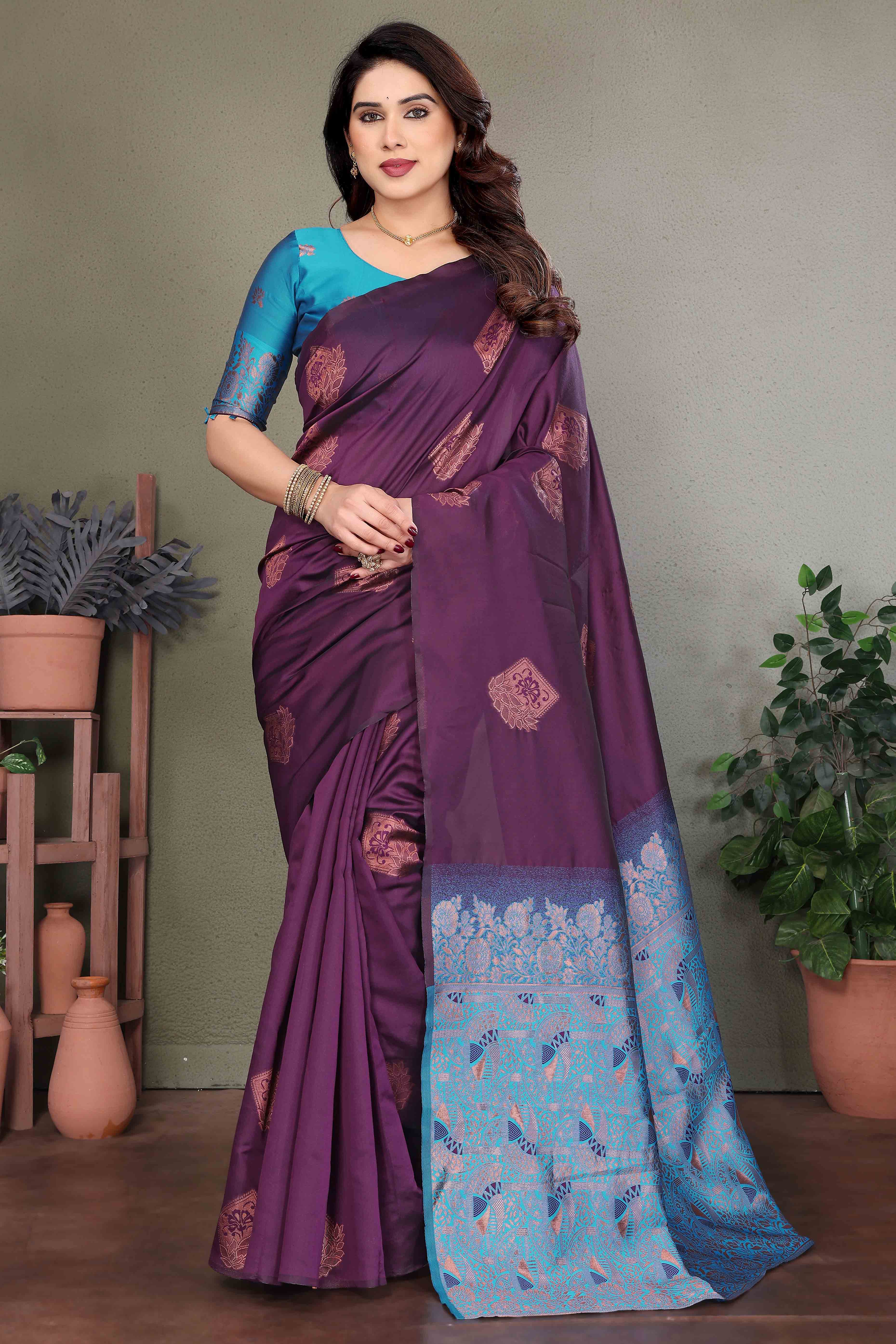 Purple Banarasi Silk Saree With Exquisite Floral Zari Weaving