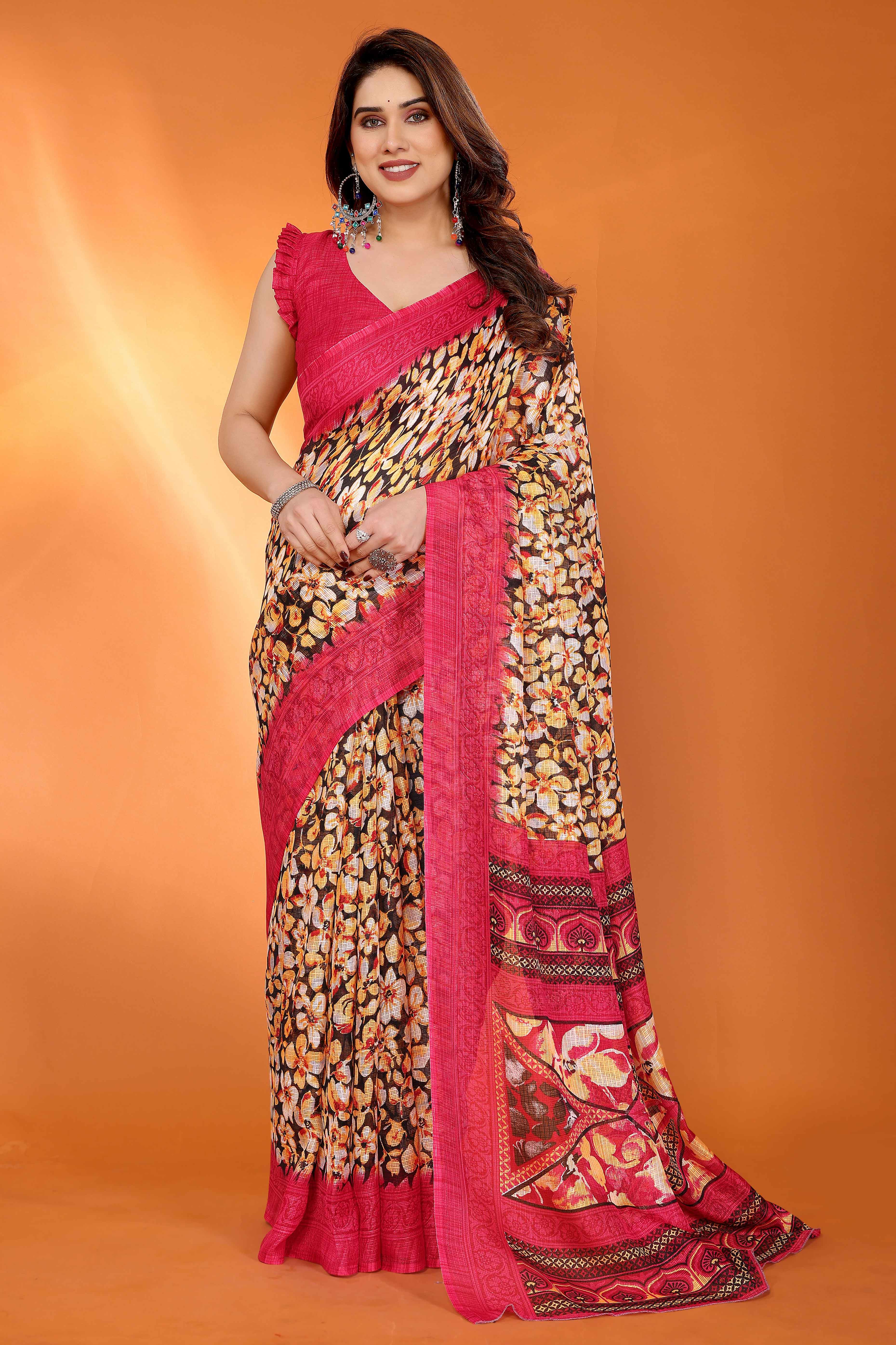Gajari Pink Kota Doria Saree with Graceful Floral Print Work