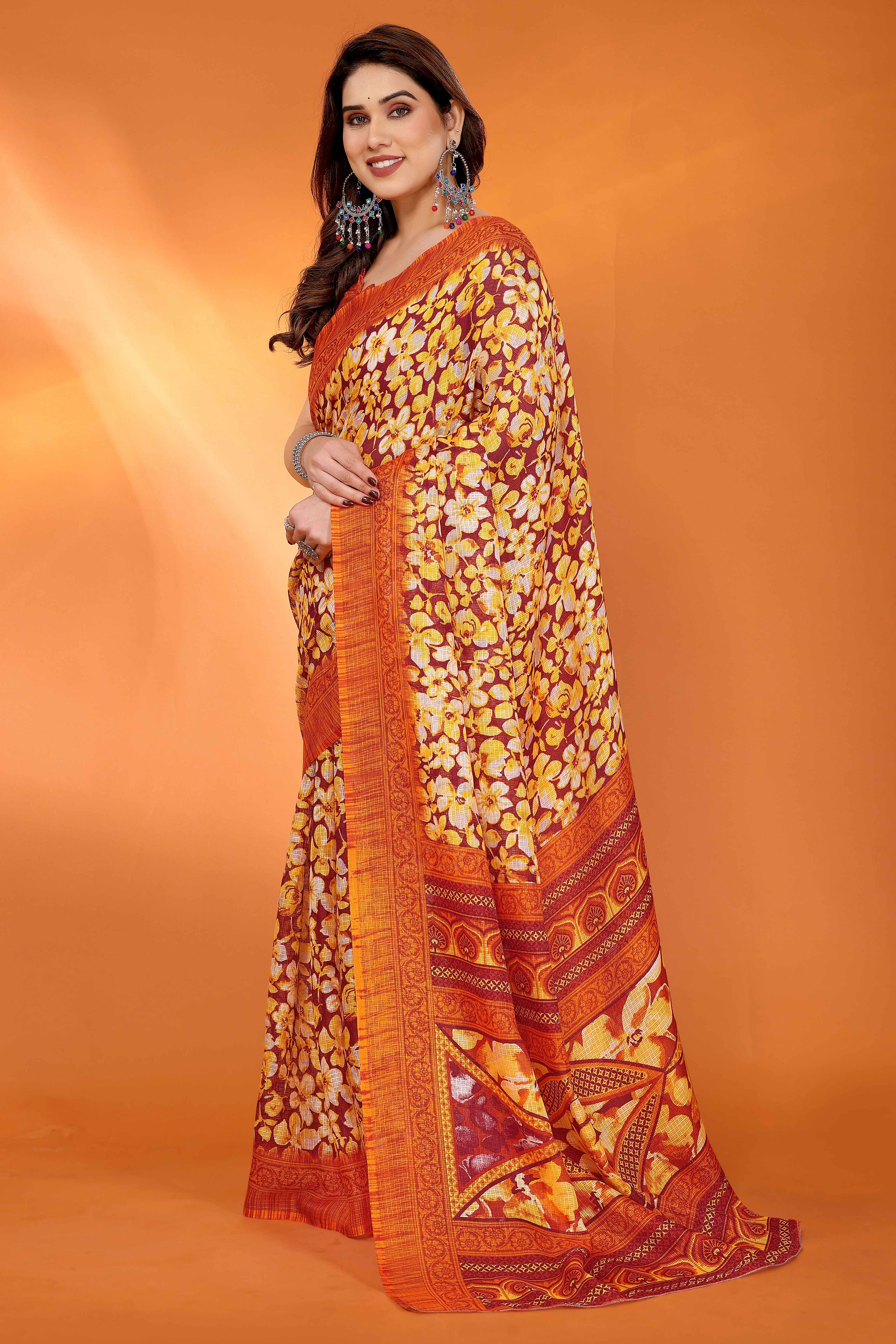 Orange Kota Doria Saree with Graceful Floral Print Work