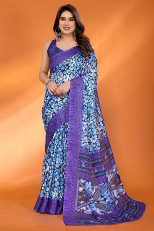 Purple Kota Doria Saree with Graceful Floral Print Work