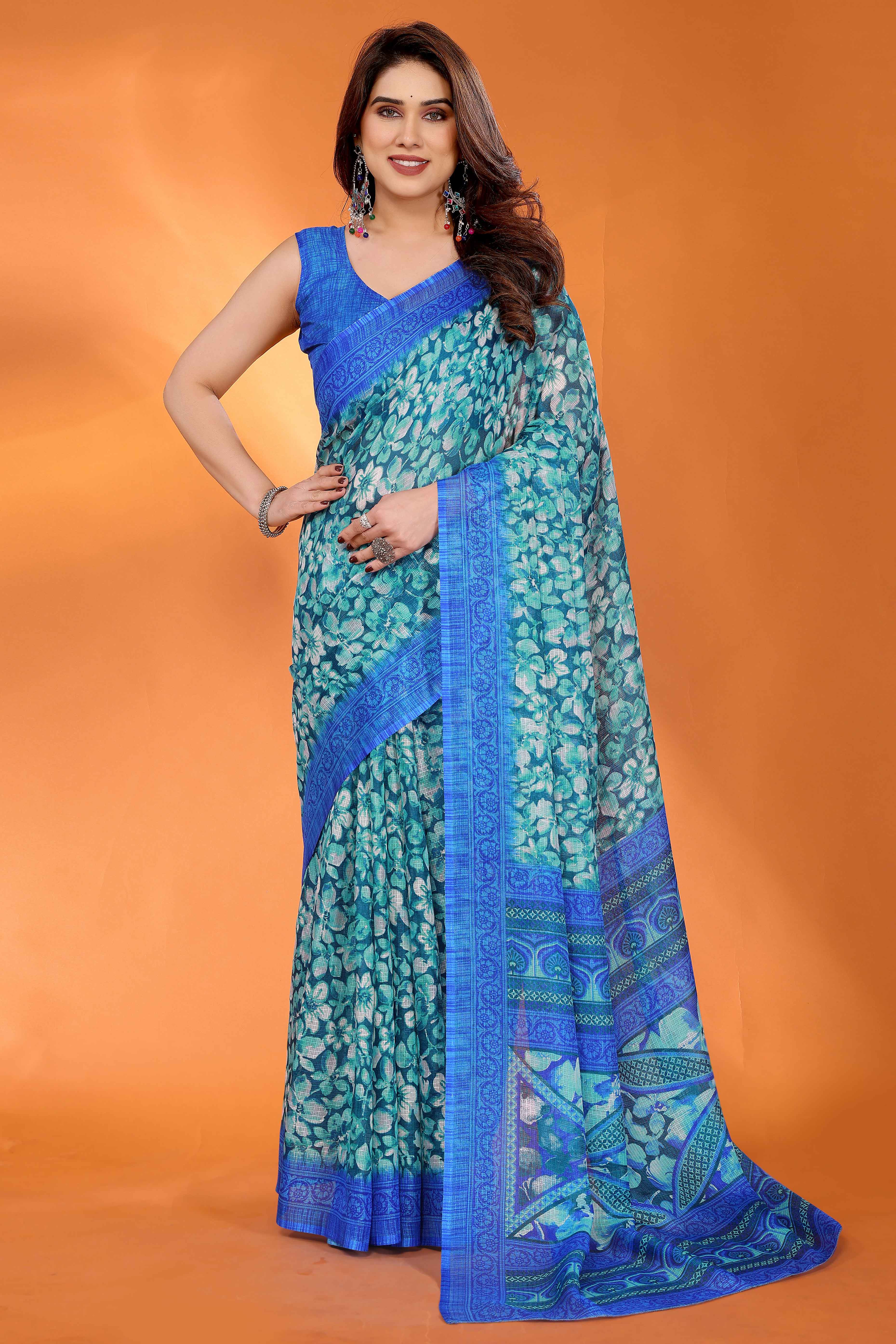 Royal Blue Kota Doria Saree with Graceful Floral Print Work