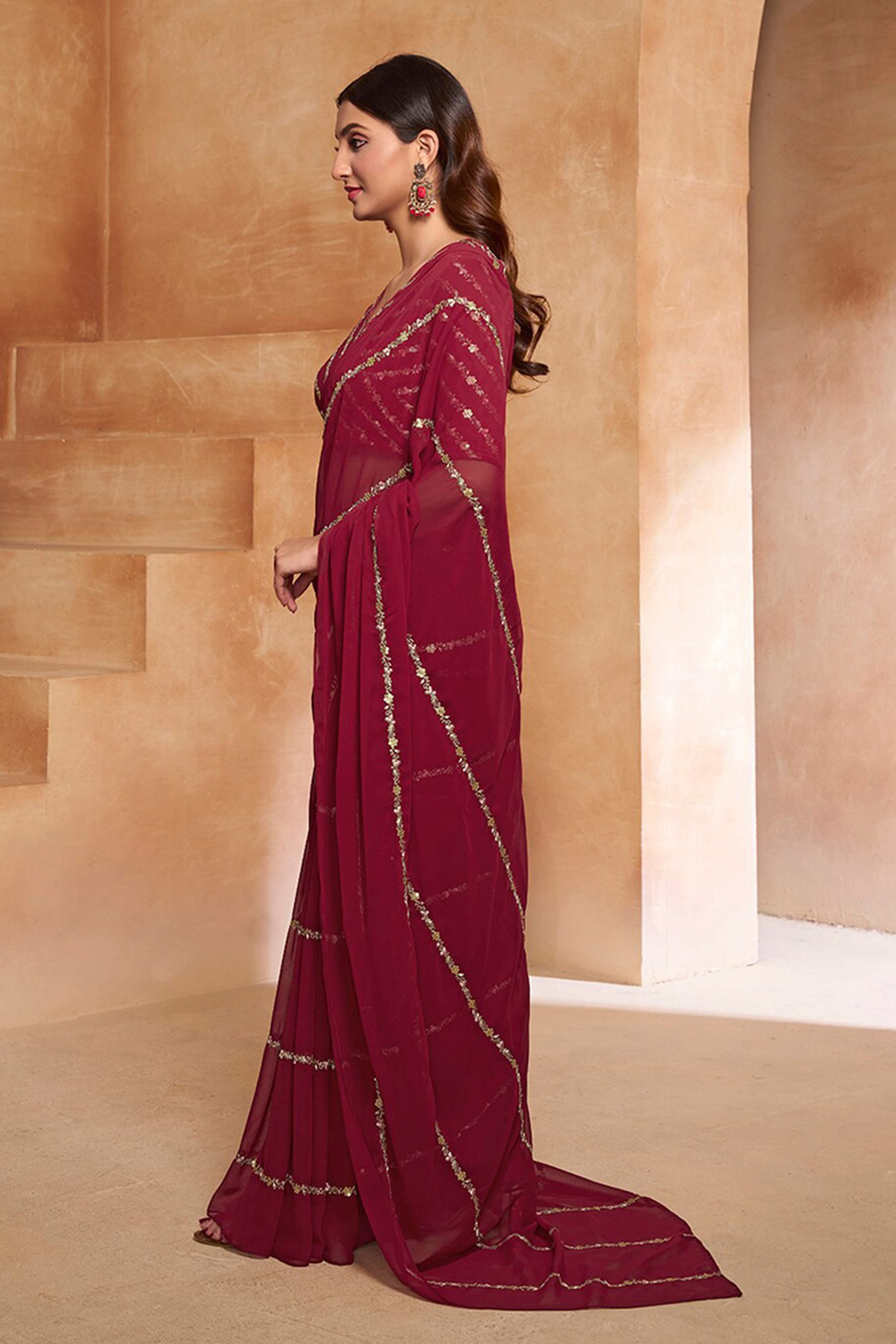 Radiant Maroon  Floral Georgette Saree Embellished With Fine Sequins Embroidery