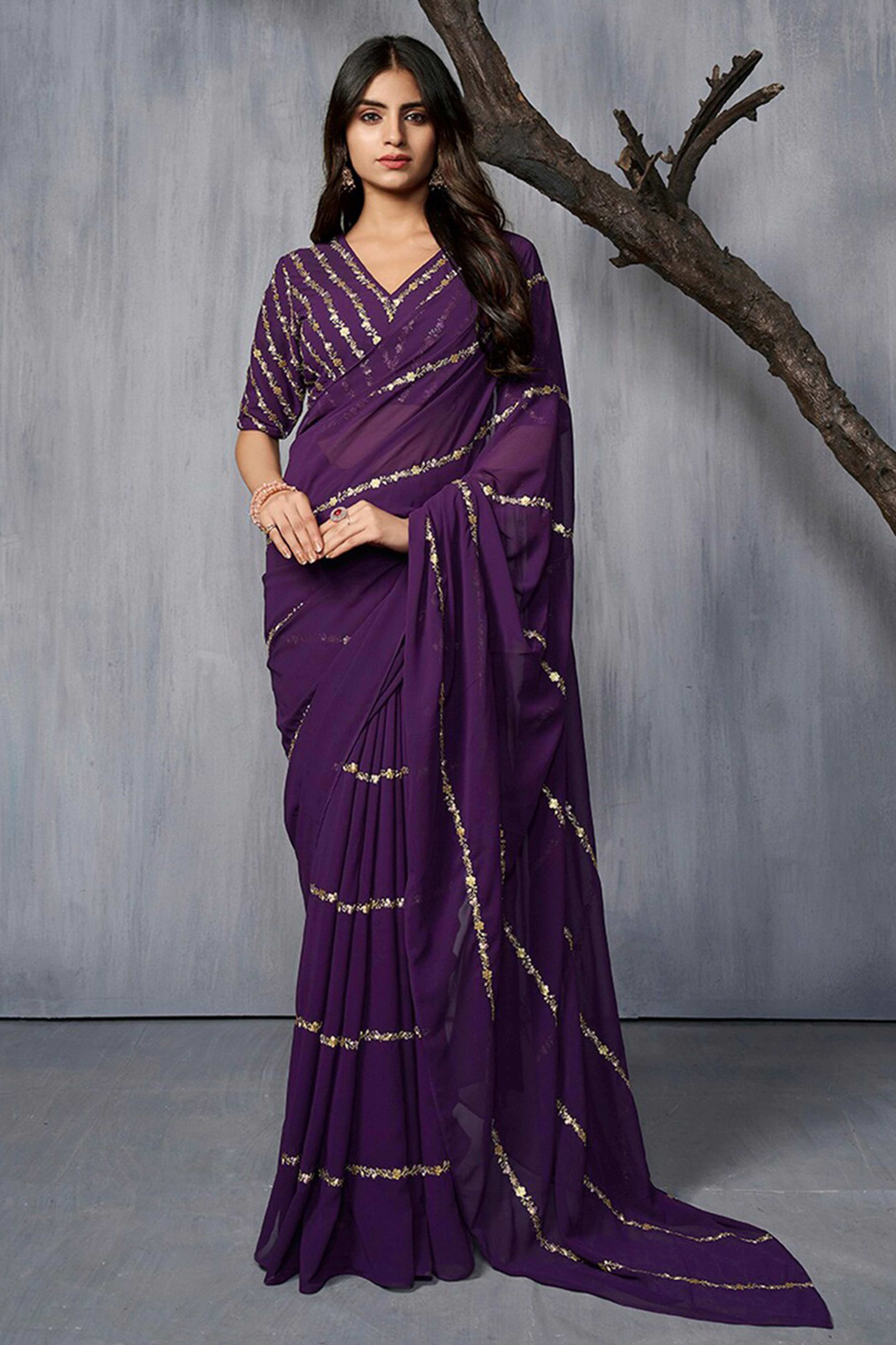 Elegant Purple Floral Georgette Saree Embellished With Fine Sequins Embroidery