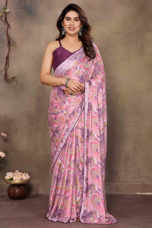 Pink Chiffon Ready To Wear Saree with Delicate Floral Embroidery for Elegant Occasions