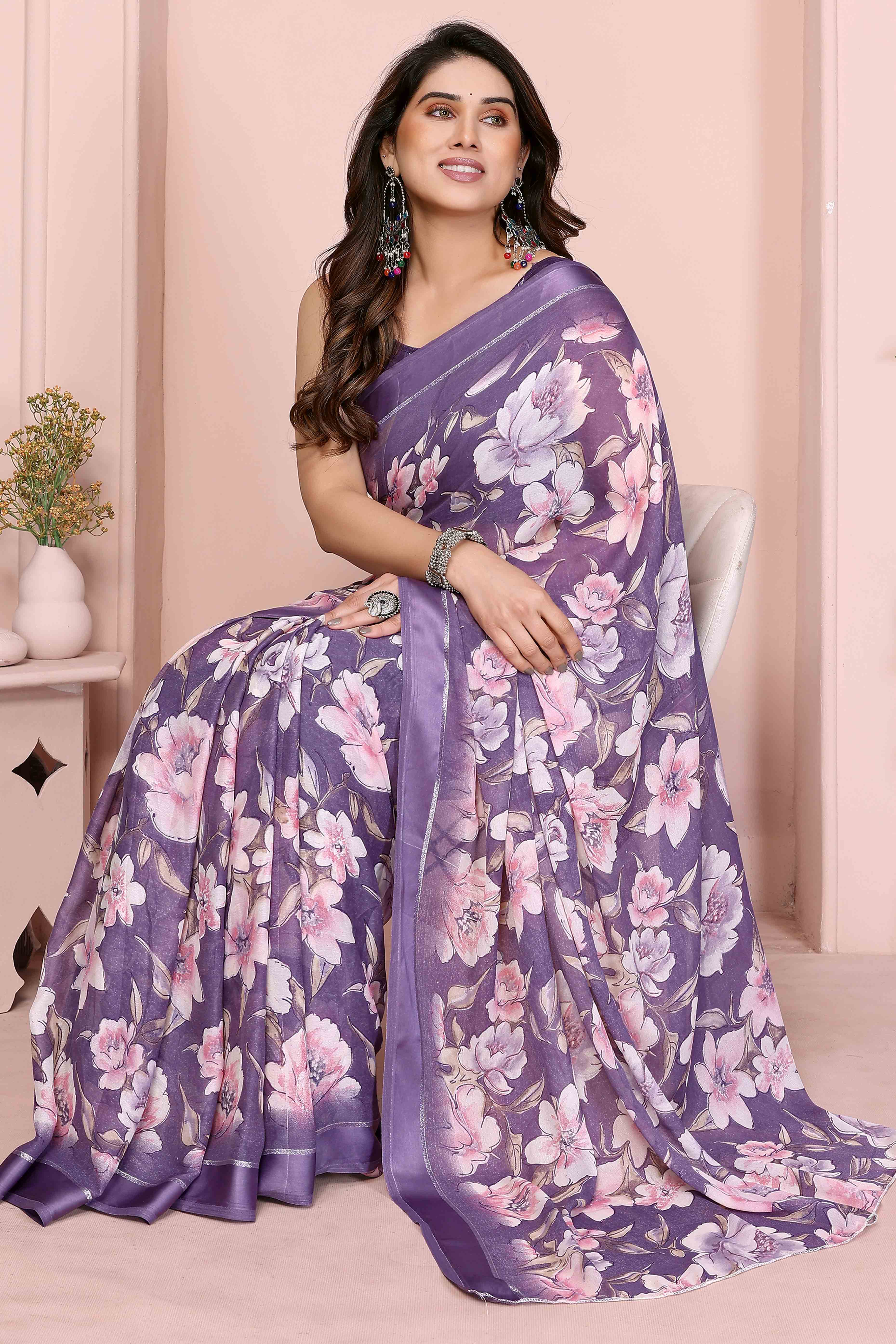 Purple Crepe Saree Accentuated With Satin Patta & Floral Print Detailing
