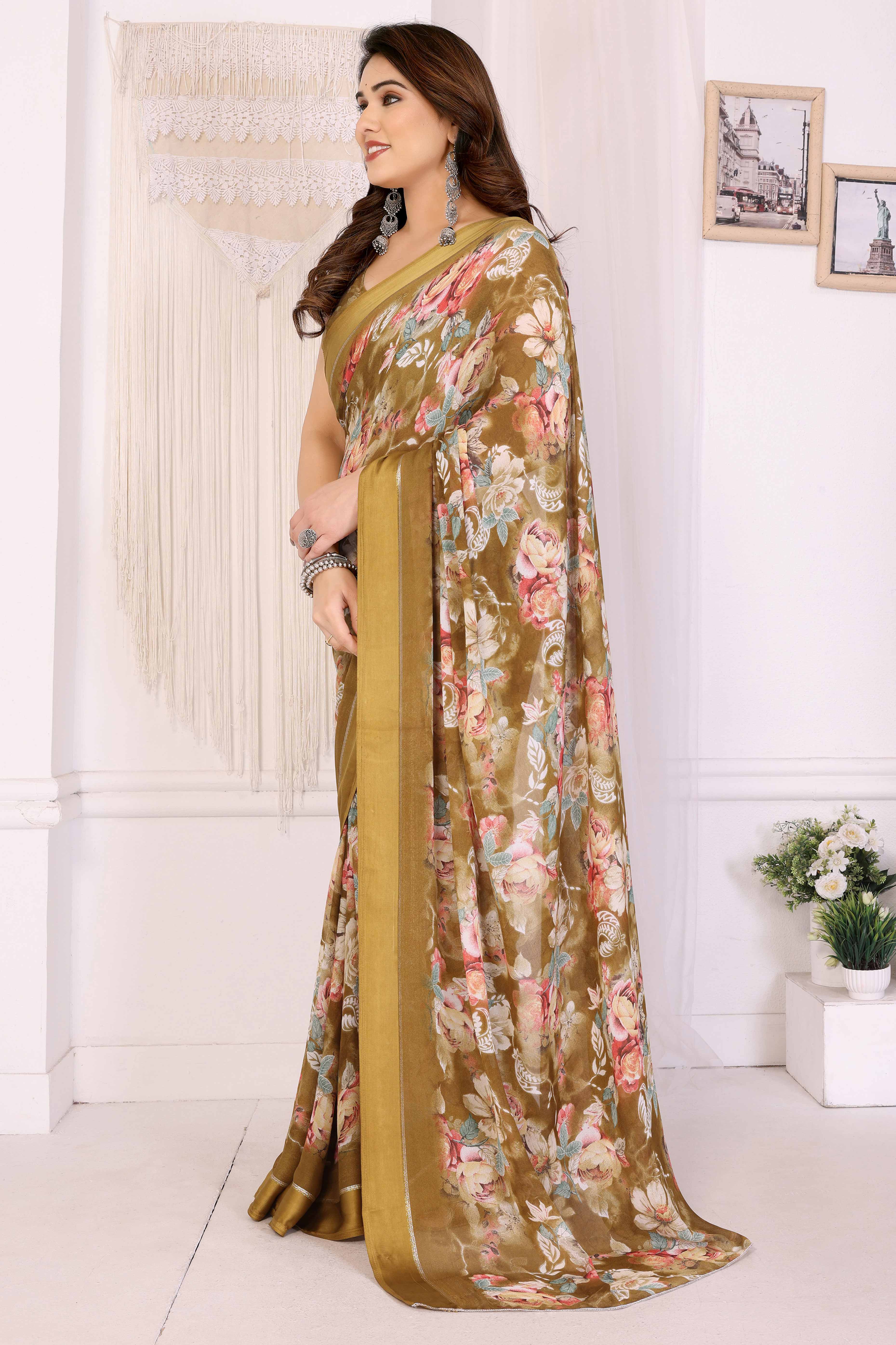 Dark Mustard Floral Printed Crepe Saree Enhanced With A Lustrous Satin Patta Border