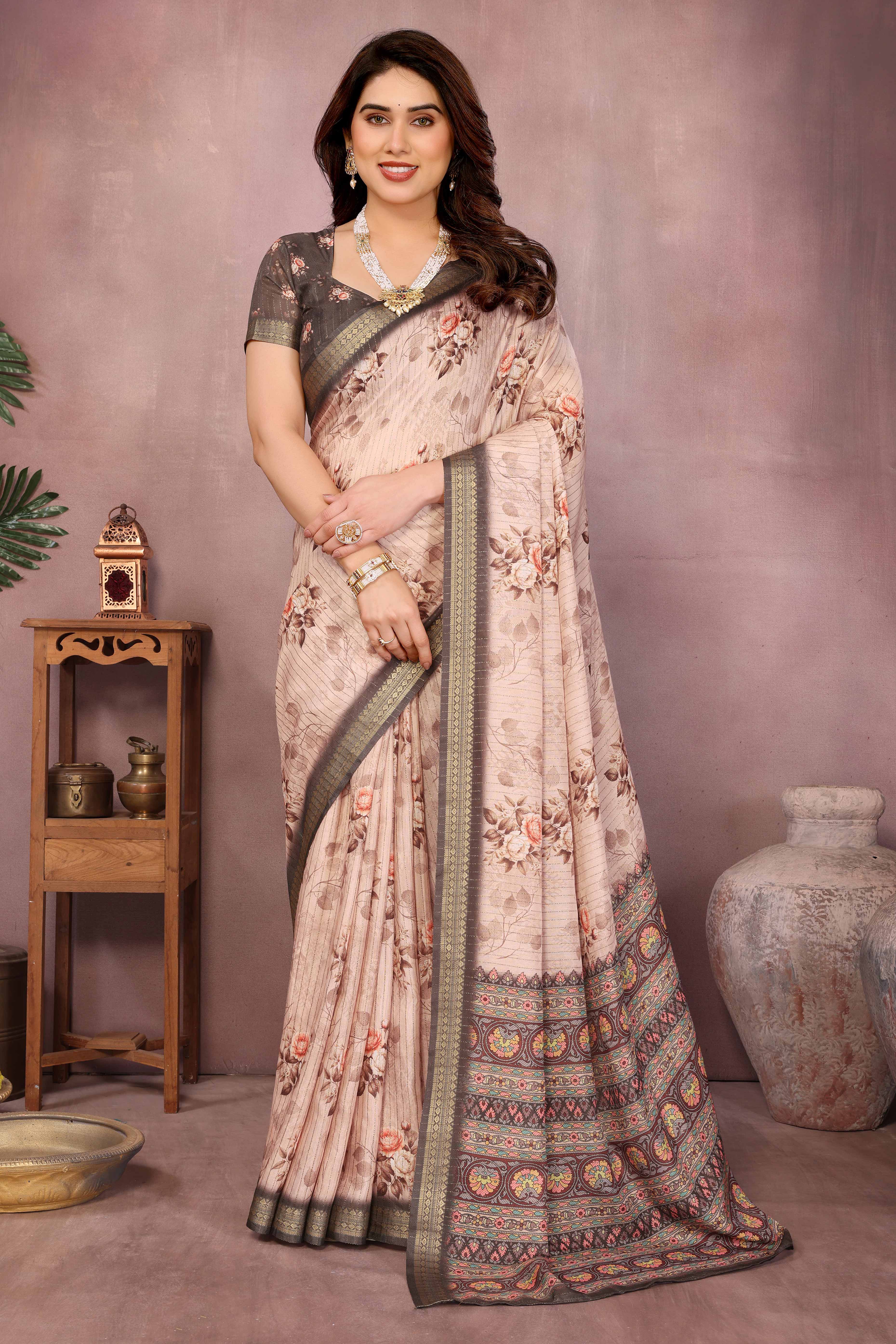 Beige Zari Woven Saree with Floral Motifs in Cotton Blend Fabric