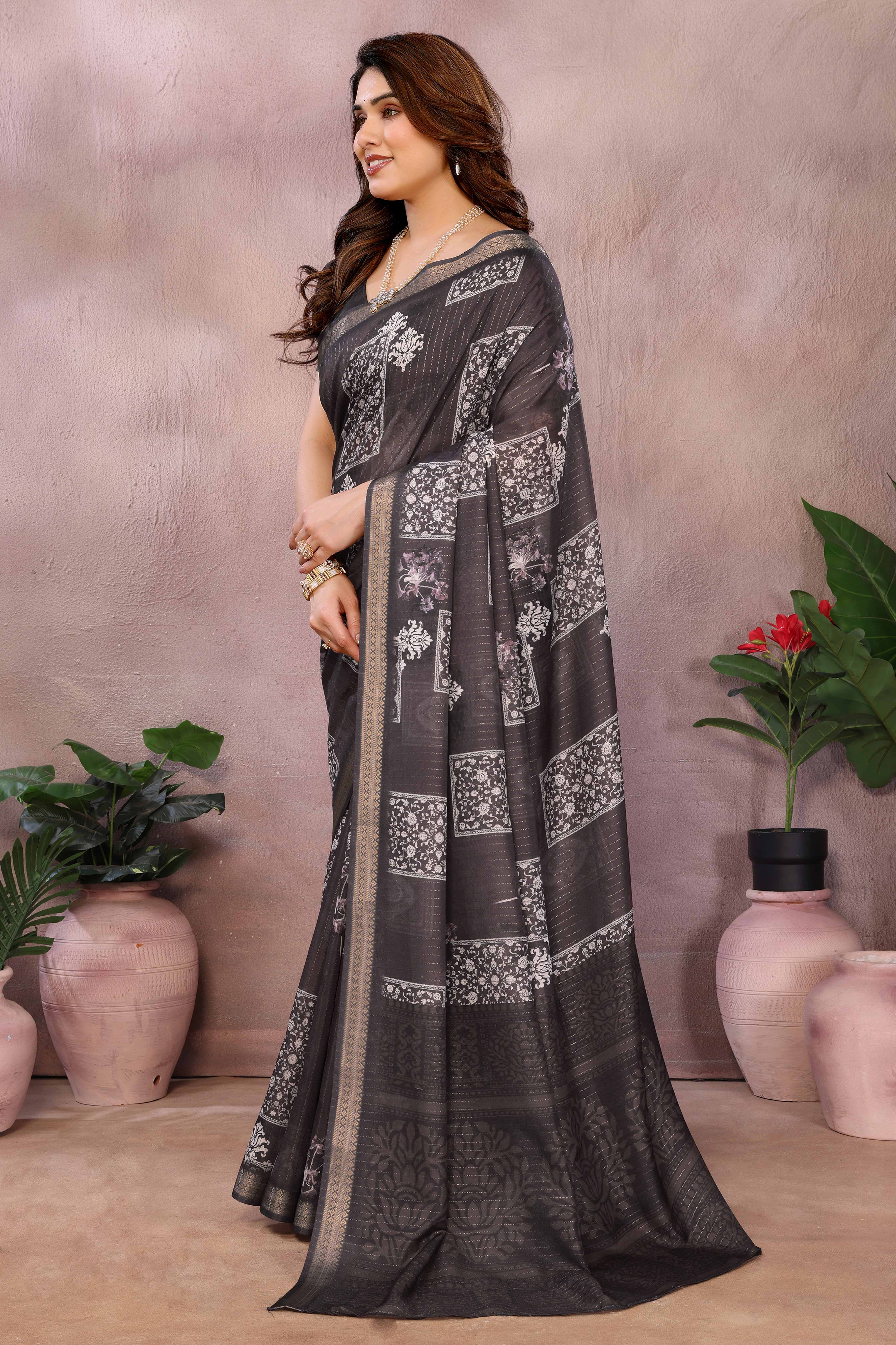 Charcoal Grey Zari Woven Saree with Floral Motifs in Cotton Blend Fabric