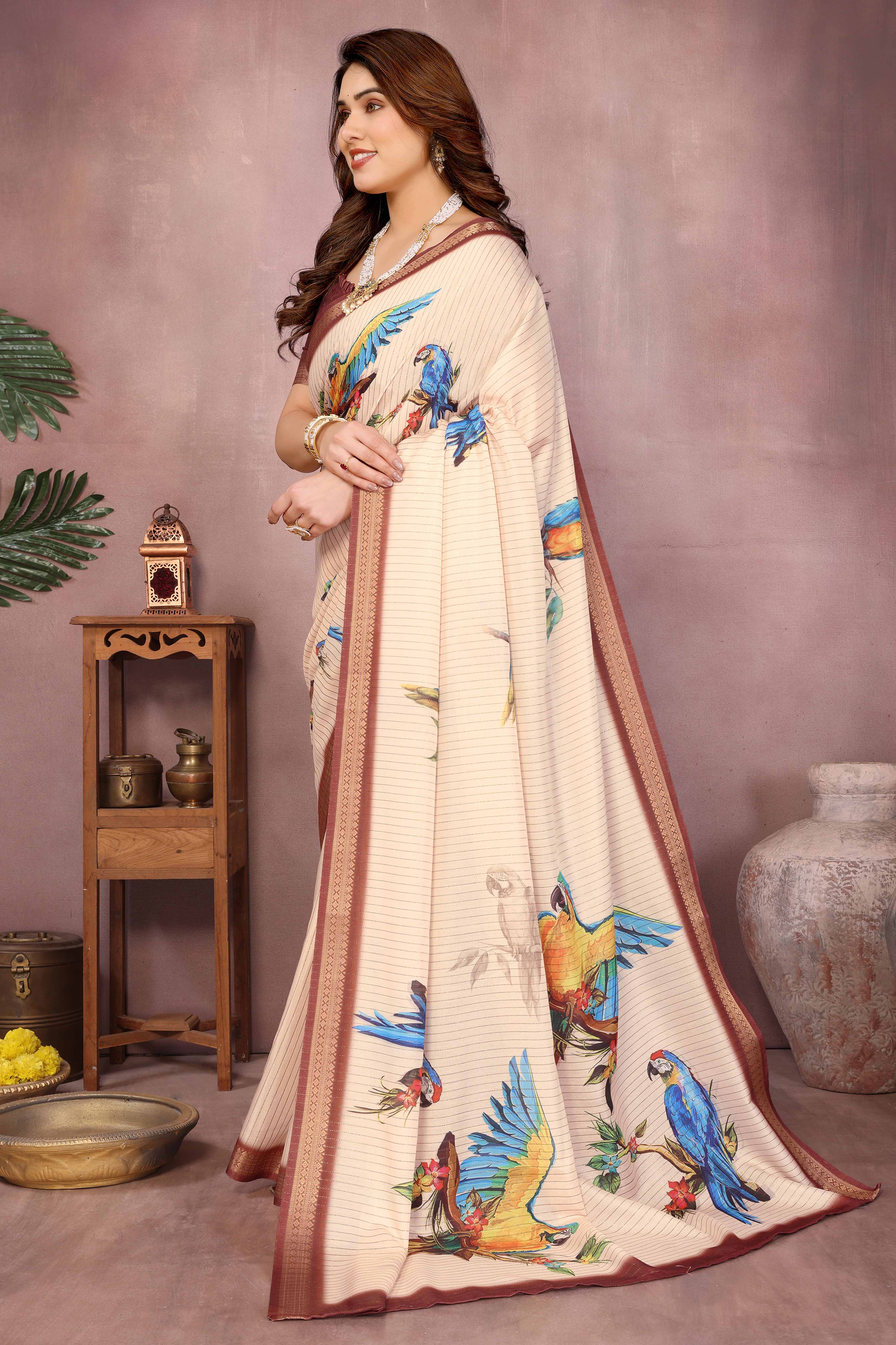Cream Zari Woven Saree with Floral Motifs in Cotton Blend Fabric