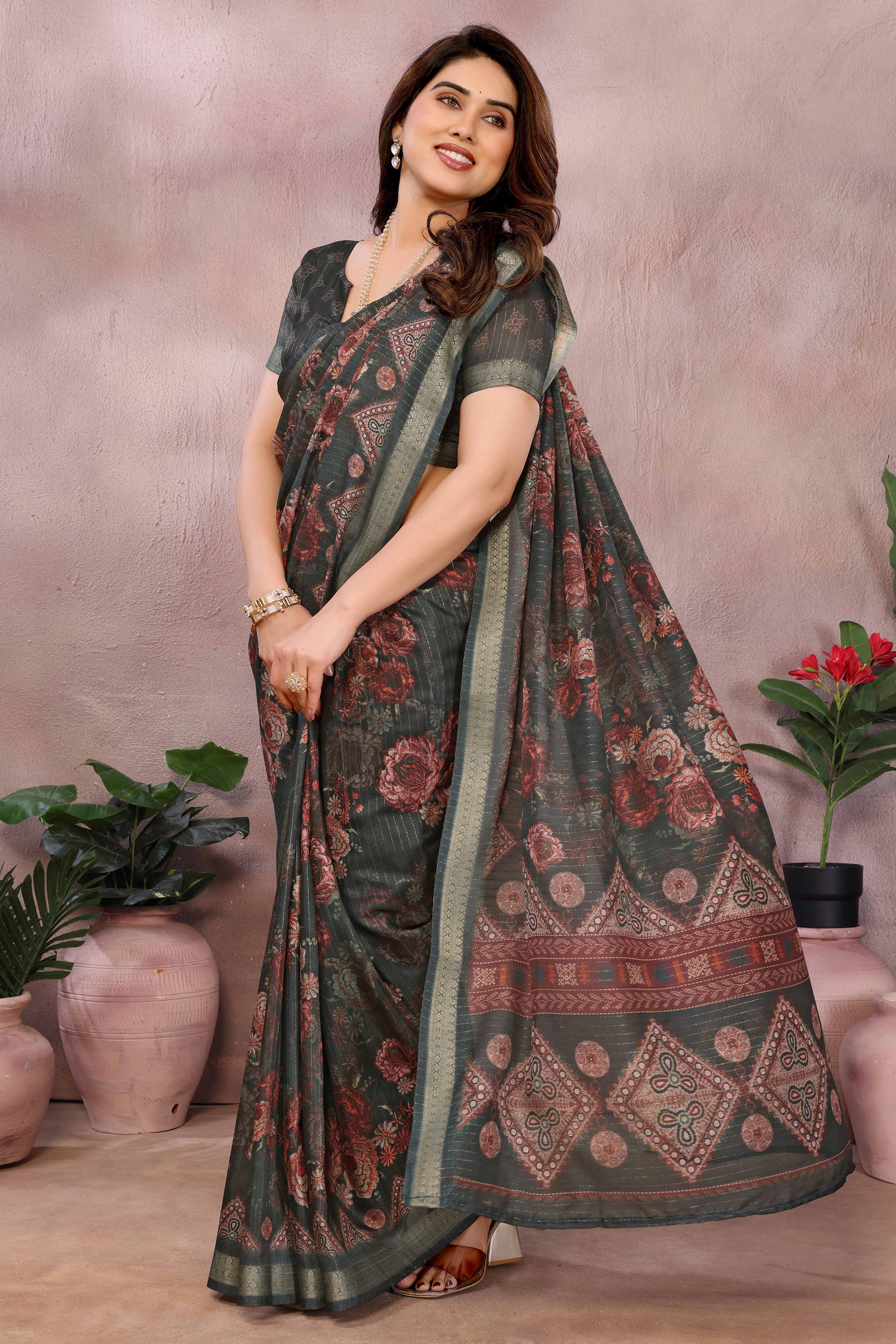 Green Zari Woven Saree with Floral Motifs in Cotton Blend Fabric