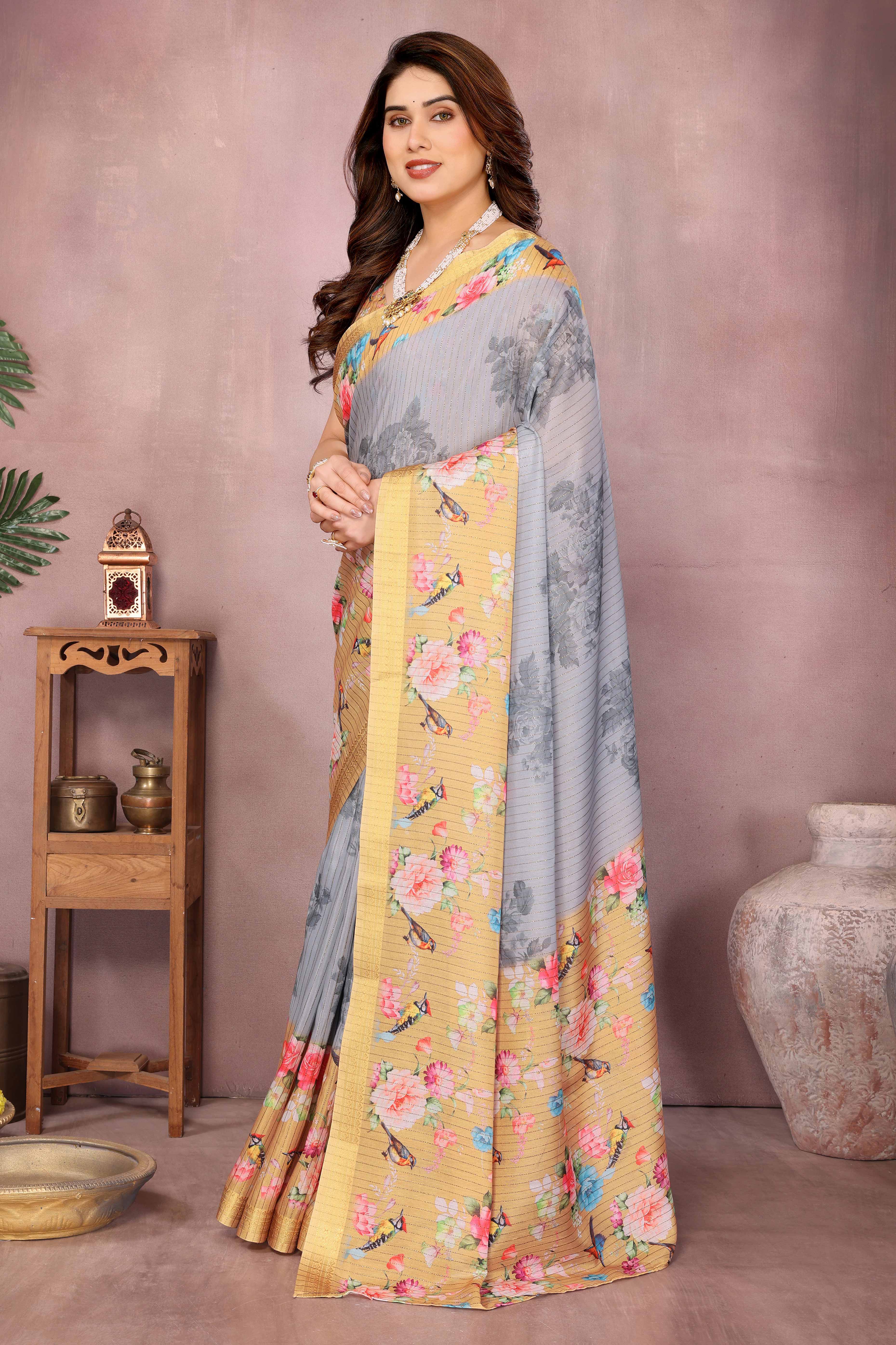 Grey Zari Woven Saree with Floral Motifs in Cotton Blend Fabric