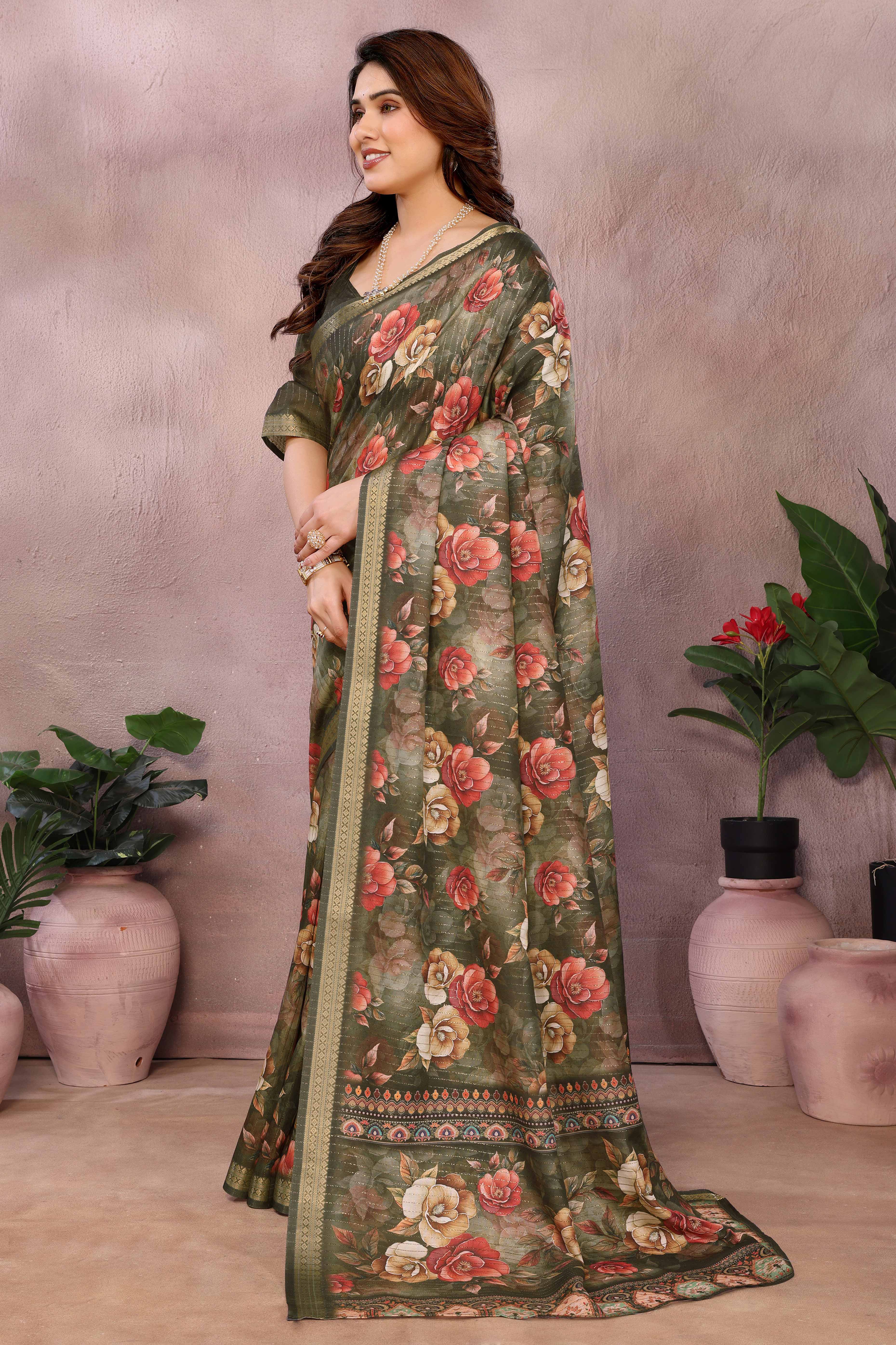 Mehendi Green Zari Woven Saree with Floral Motifs in Cotton Blend Fabric