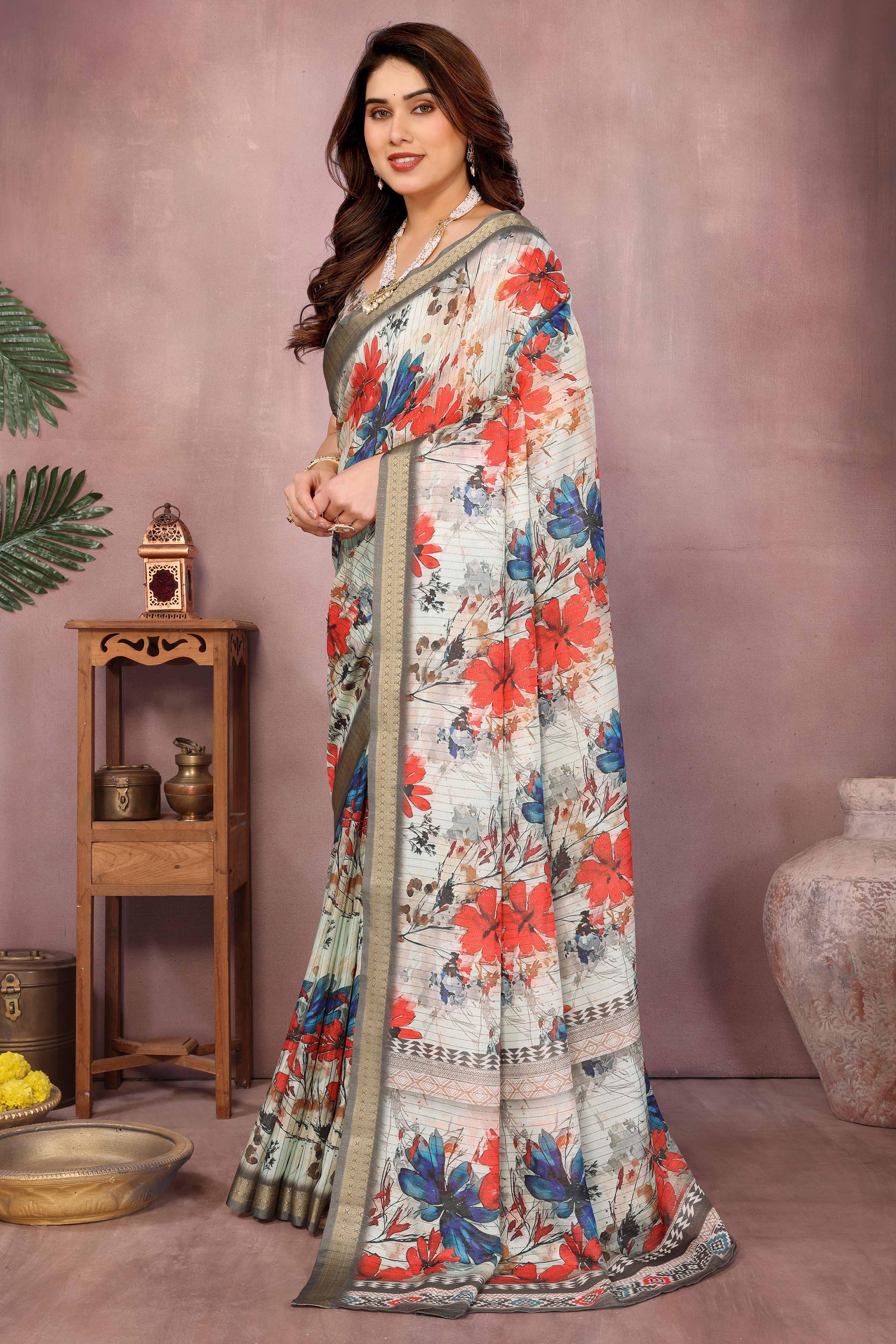 Off White Zari Woven Saree with Floral Motifs in Cotton Blend Fabric