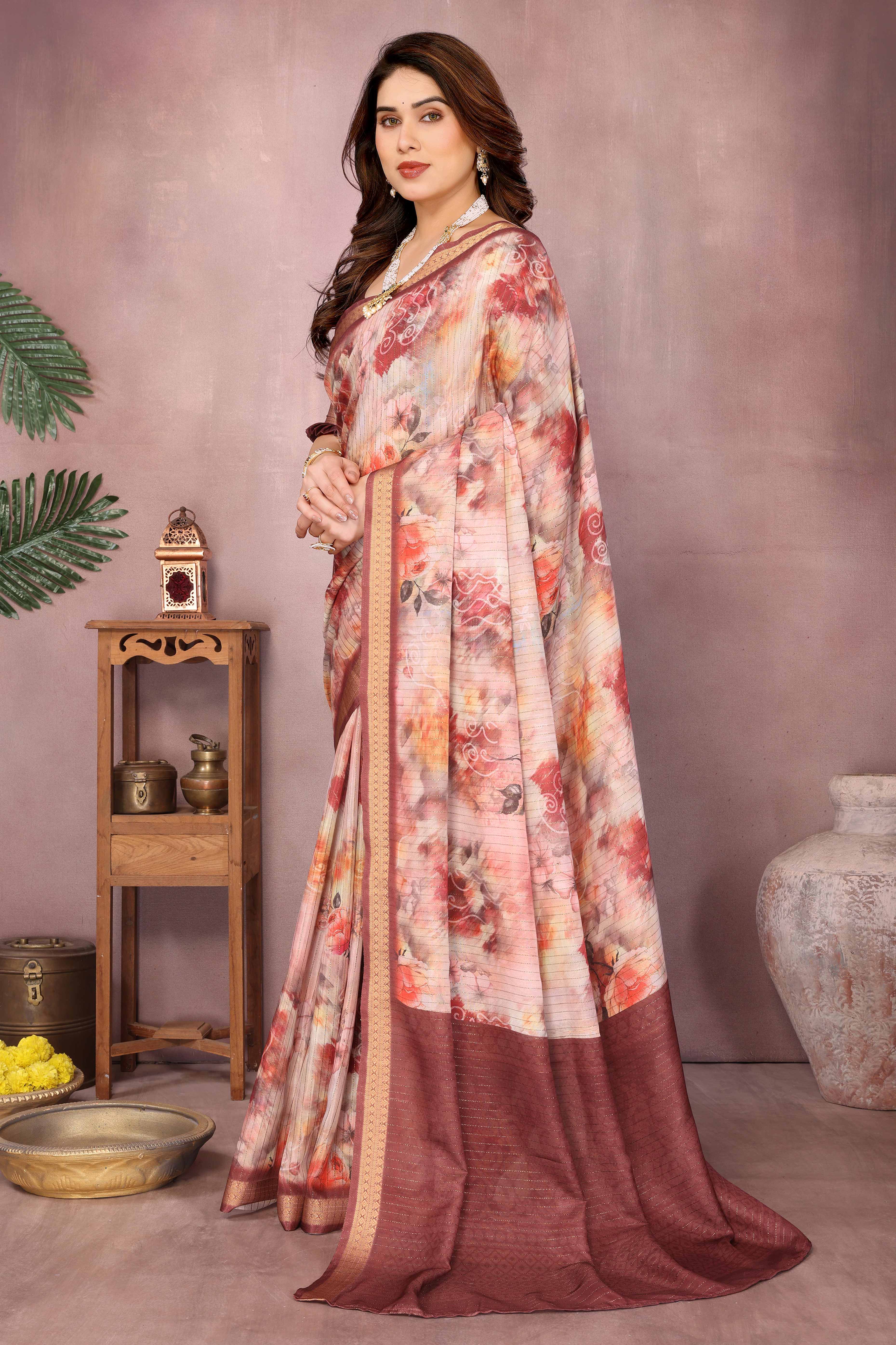 Peach Zari Woven Saree with Floral Motifs in Cotton Blend Fabric