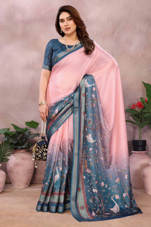 Pink Zari Woven Saree with Floral Motifs in Cotton Blend Fabric