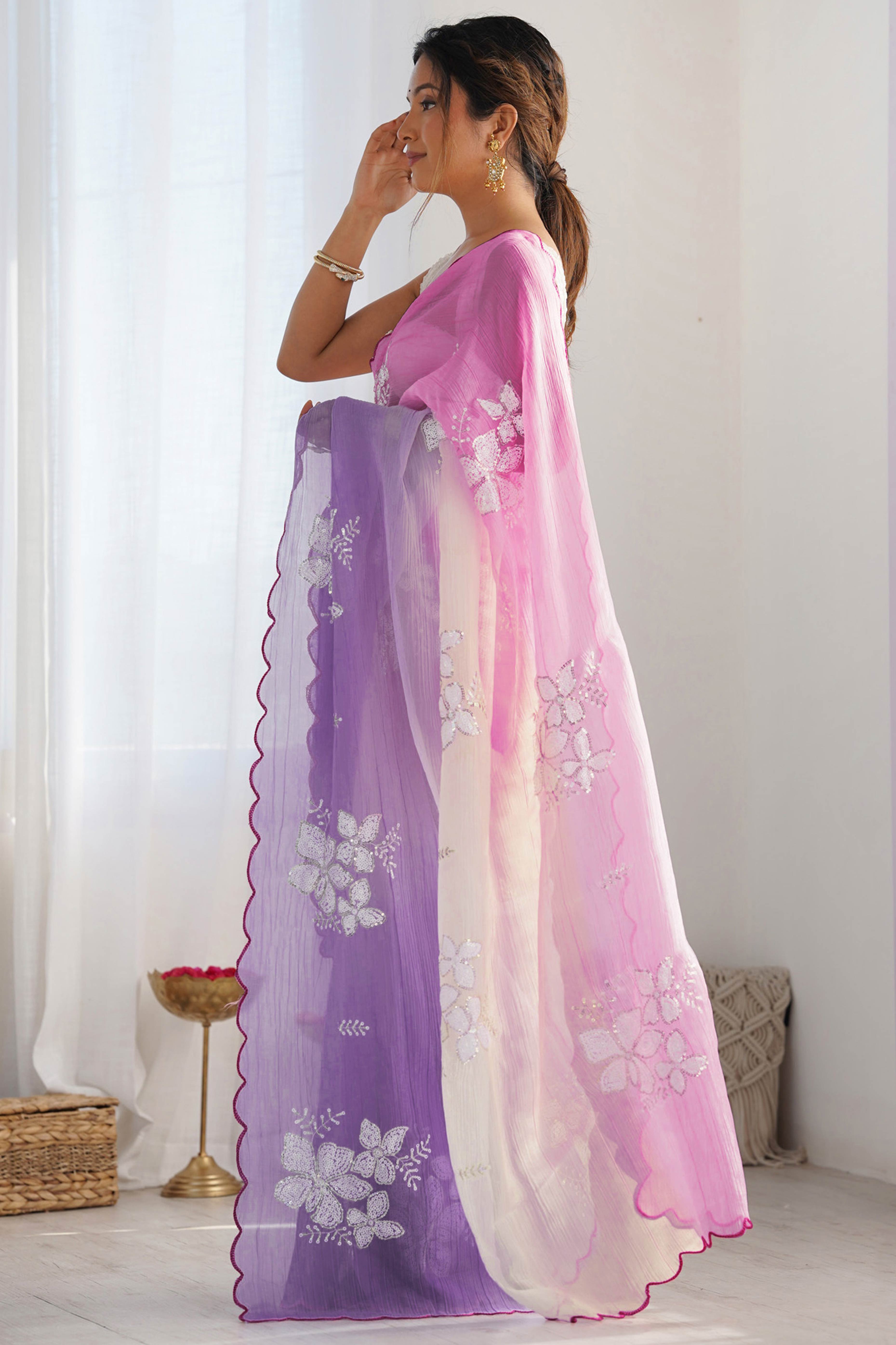 Pink & Lavender Ombre Silk Blend Saree Accentuated With Floral Sequins Embroidery